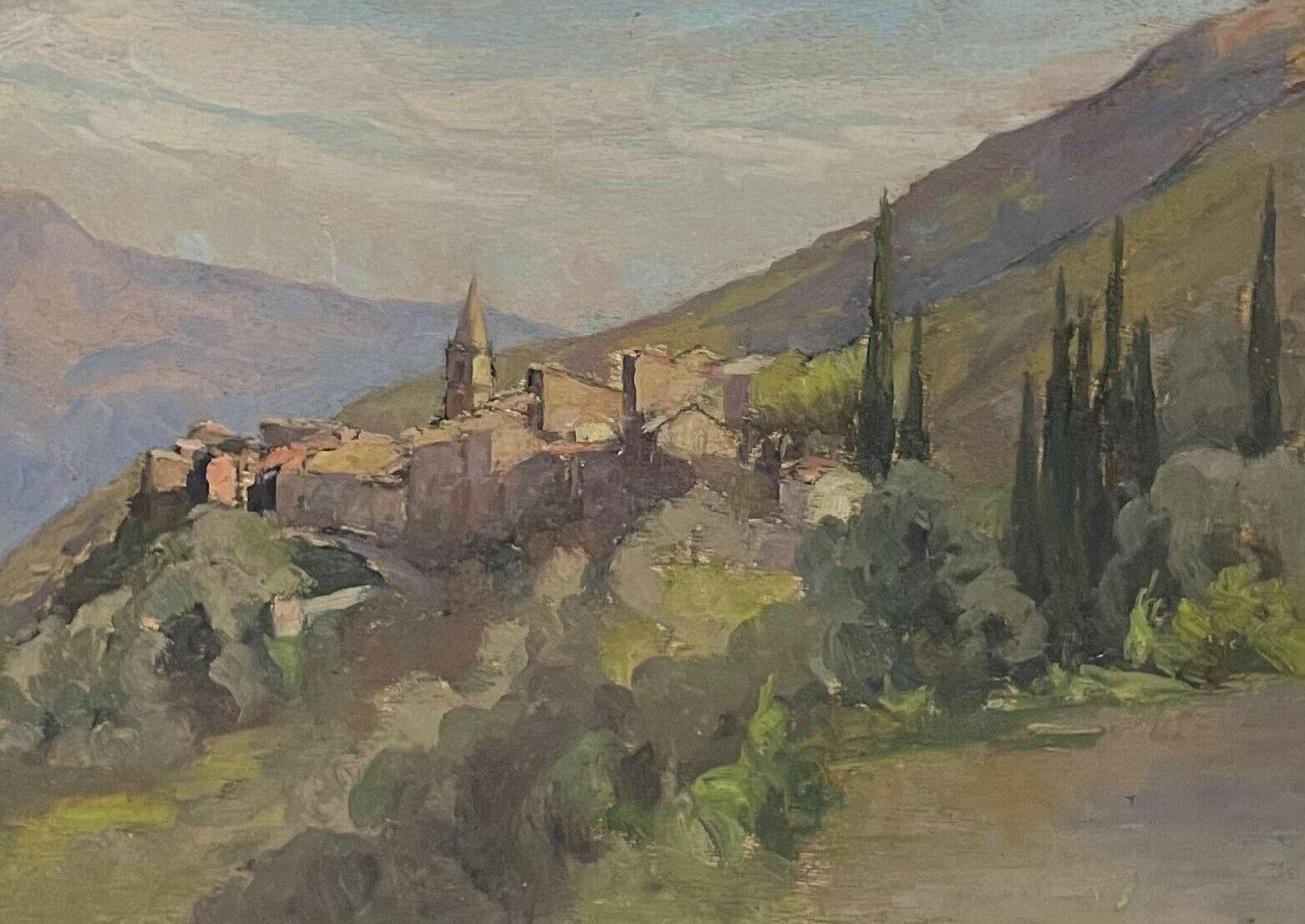 French School Landscape Painting - Provence Landscape with Cypress Trees, Hazy View, Vintage French Oil 