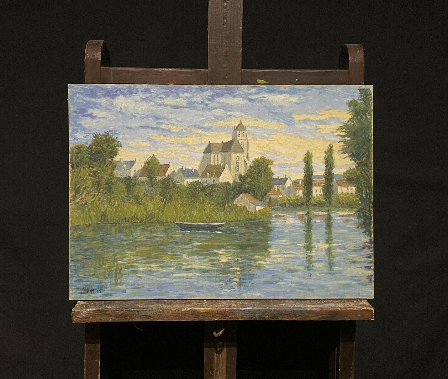 Signed French Impressionist Oil River Landscape & Buildings Beautifully Tranquil - Painting by French School
