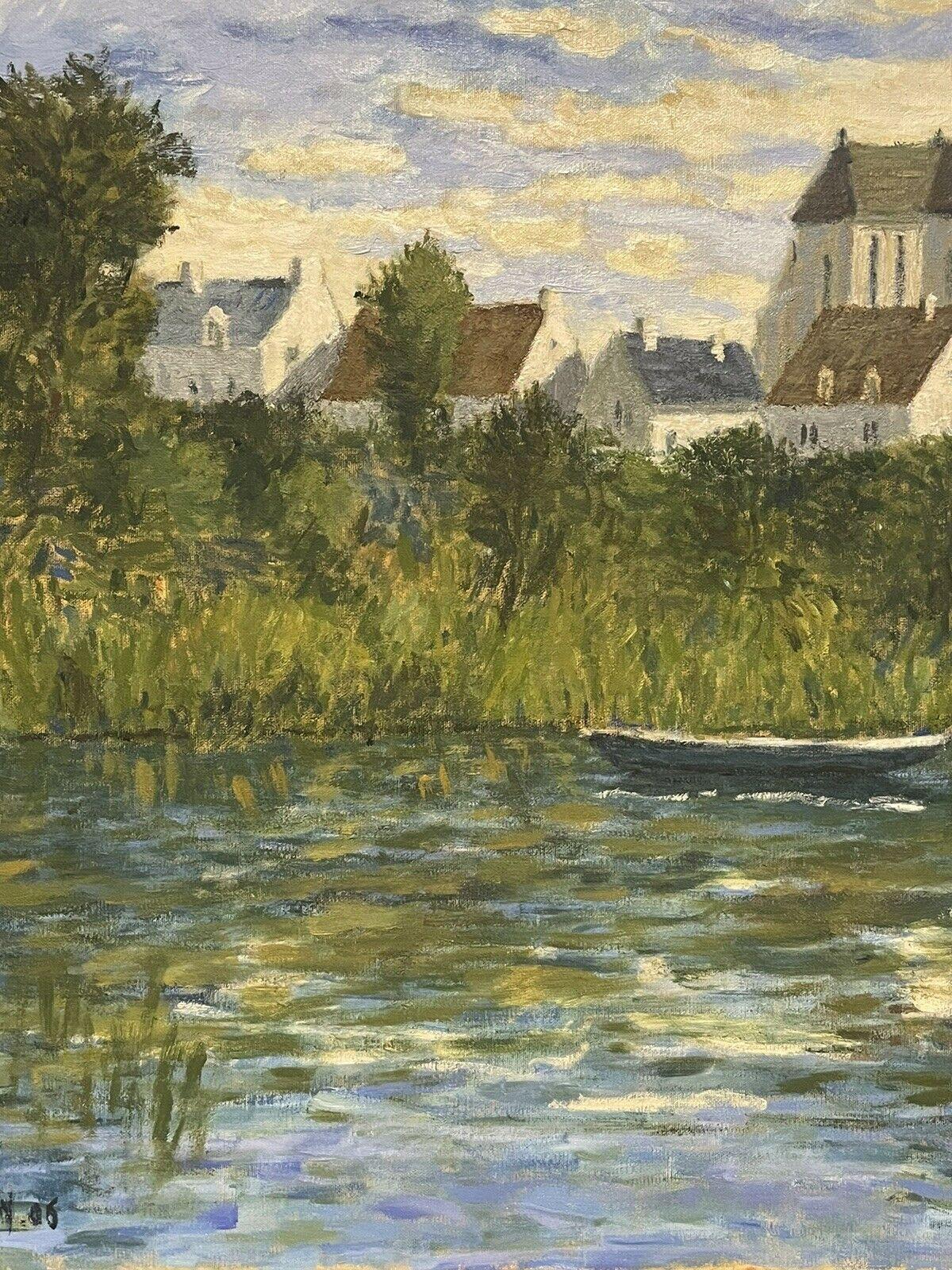 Signed French Impressionist Oil River Landscape & Buildings Beautifully Tranquil - Gray Landscape Painting by French School