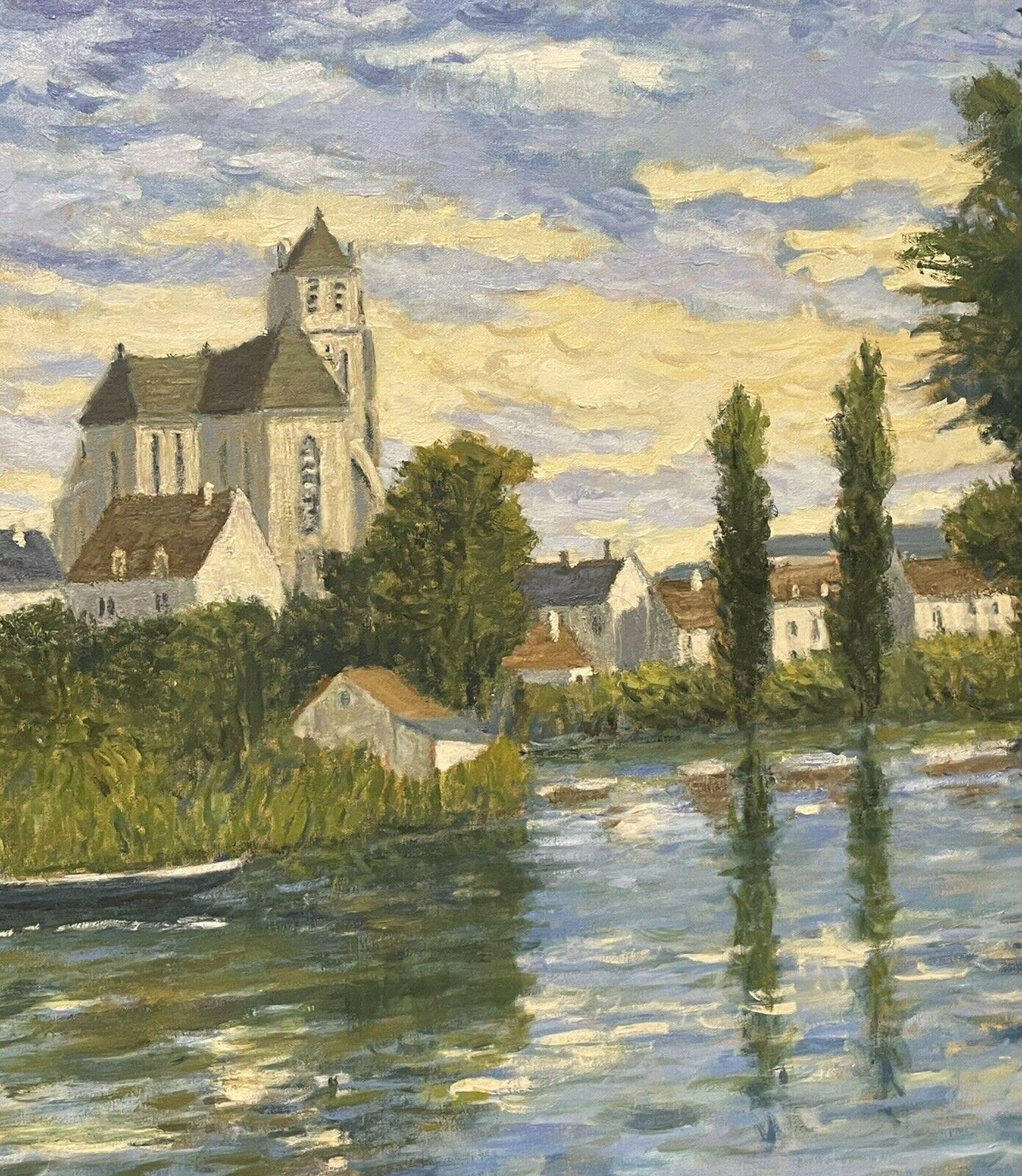 Artist/ School: French Impressionist, signed and dated lower front corner

Title: River landscape

Medium:  signed oil painting on canvas, unframed and inscribed verso.

canvas:   18 x 25.5 inches

Provenance: private collection, France

Condition: