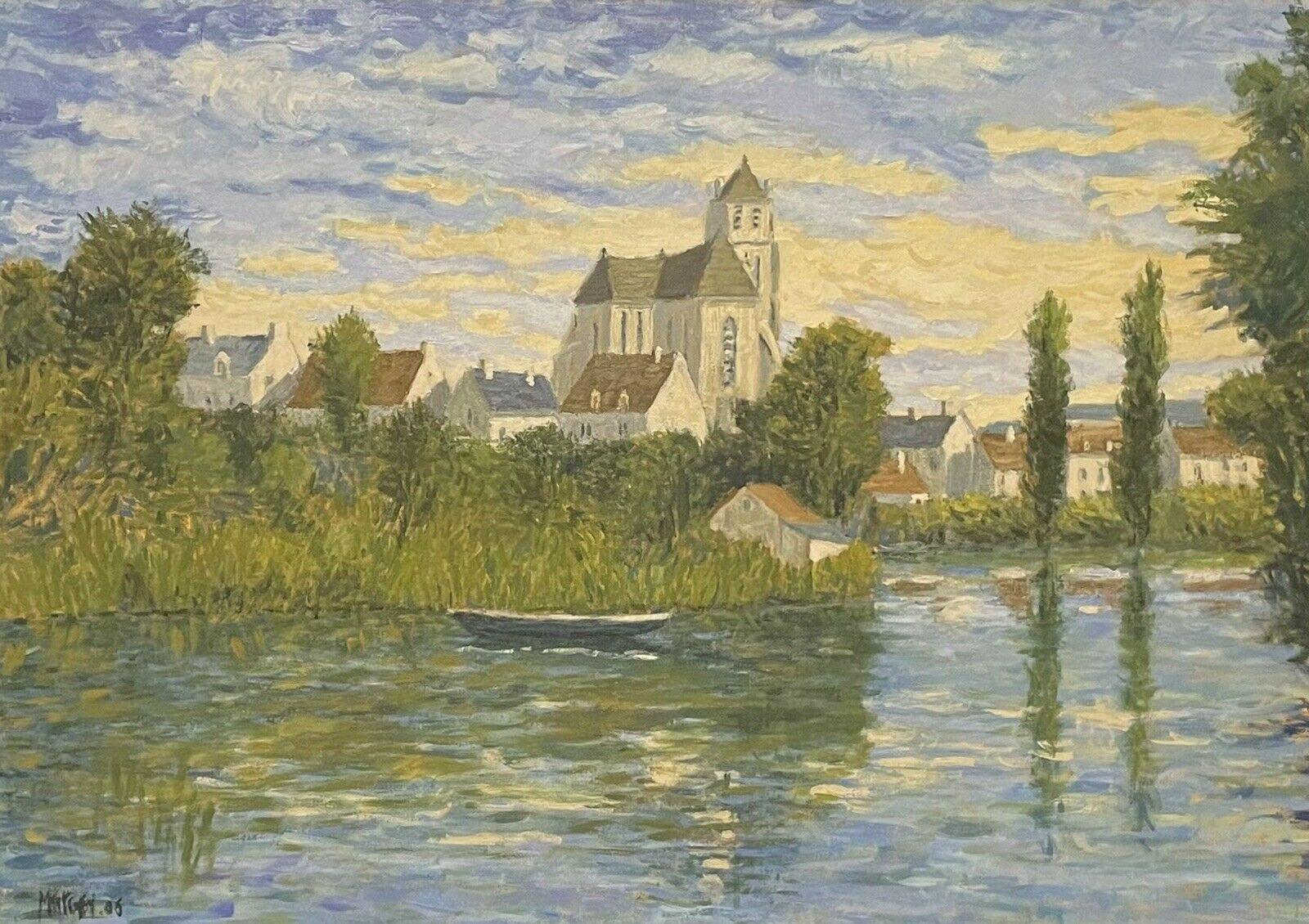 Signierte französische impressionistische Öl- Flusslandschaft und Gebäude, wunderschön Tranquil, signiert