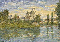 Firmato Olio Impressionista Francese Paesaggio Fluviale ed Edifici Splendidamente Tranquillo