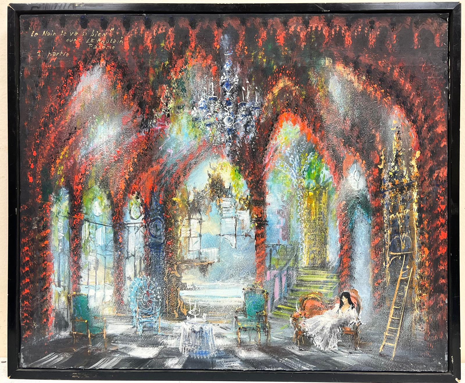Quadro di scena teatrale francese firmato Elegante signora con abito da ballo interno - Painting di French School