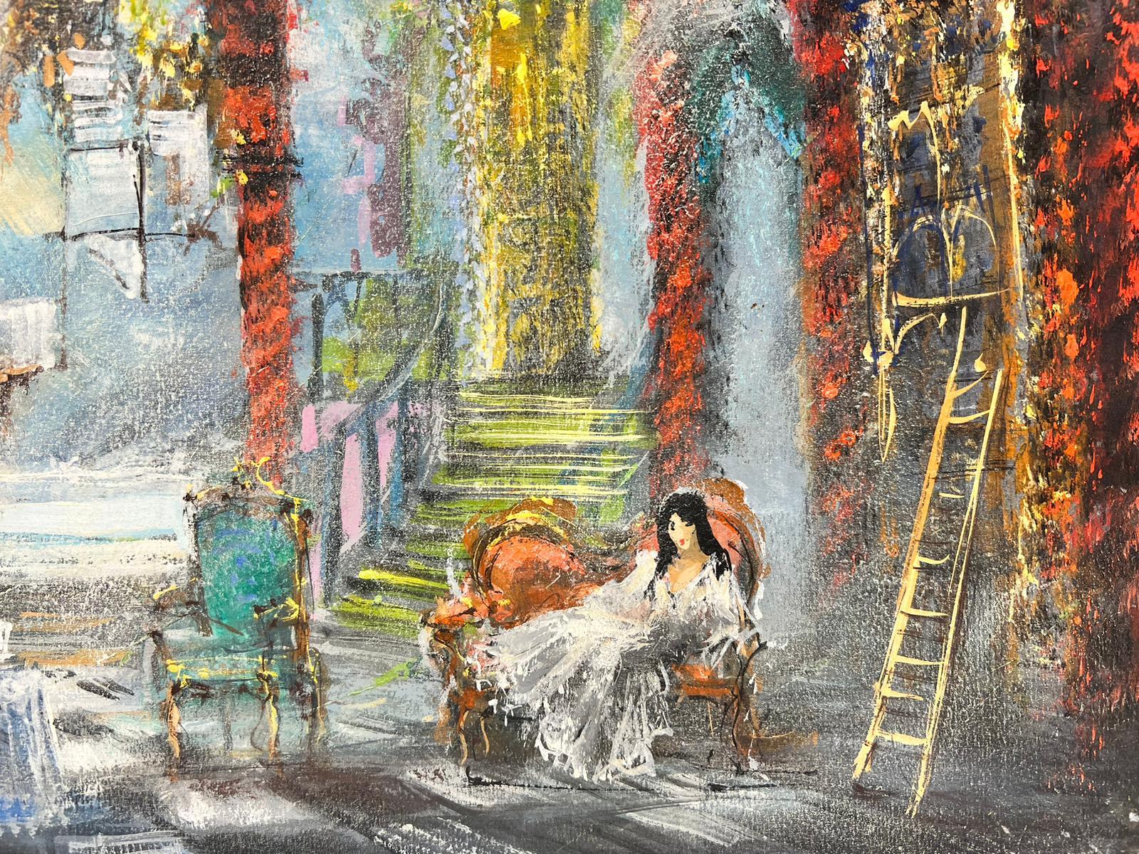 Signed French Theatrical Stage Scene Painting Elegant Lady Interior Ballgown For Sale 4