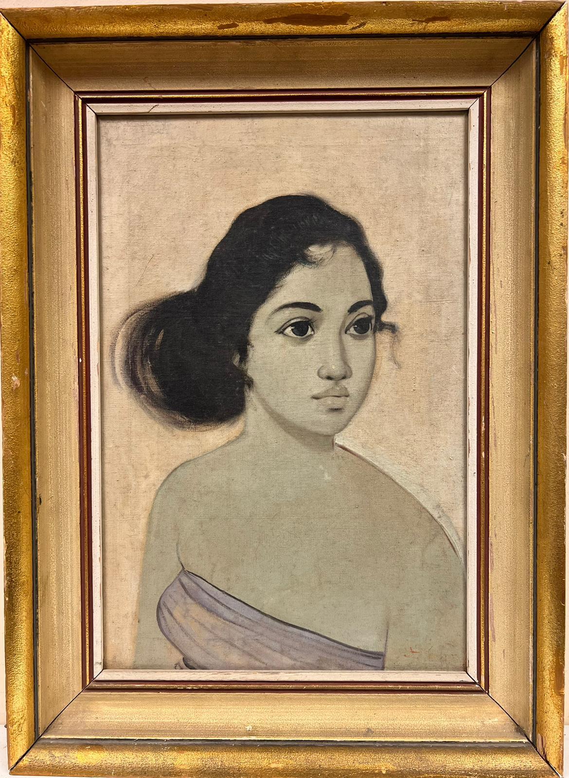 Figurative Painting de French School - Impresionante Retrato francés de dama joven de mediados de siglo, pintura al óleo firmada