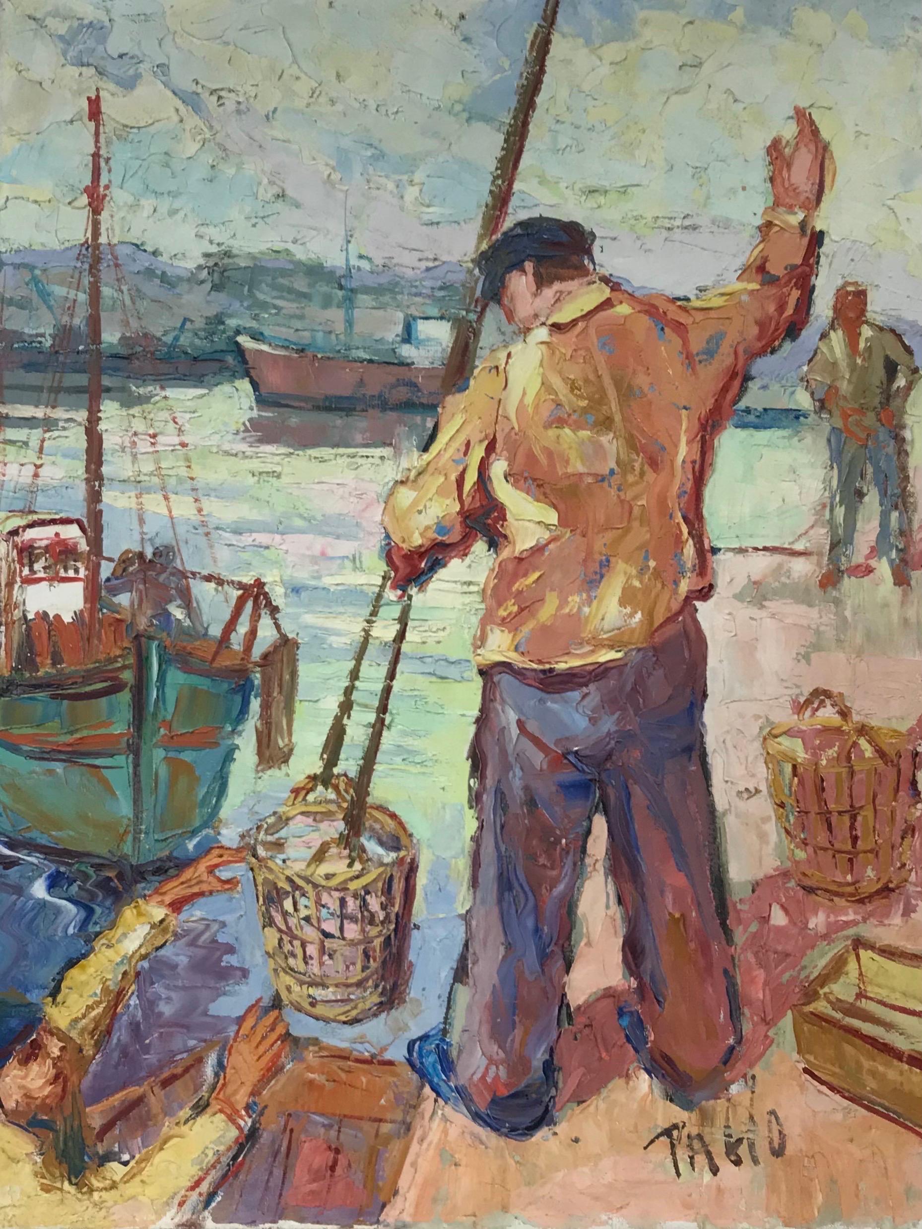 Superbe huile post-impressionniste française des années 1950 signée, Fishermen Marseille Harbour - Painting de French School
