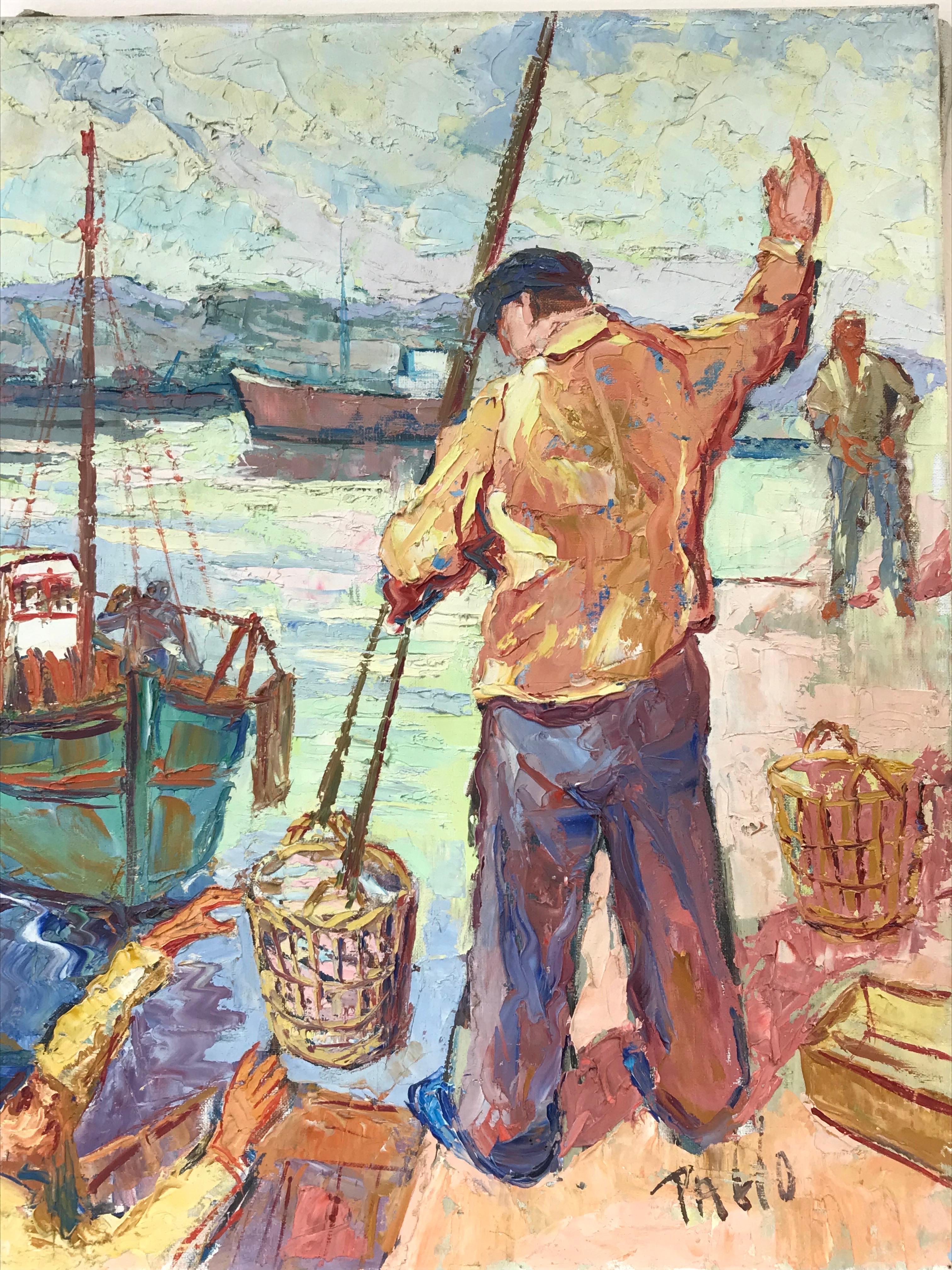 Superbe huile post-impressionniste française des années 1950 signée, Fishermen Marseille Harbour - Post-impressionnisme Painting par French School