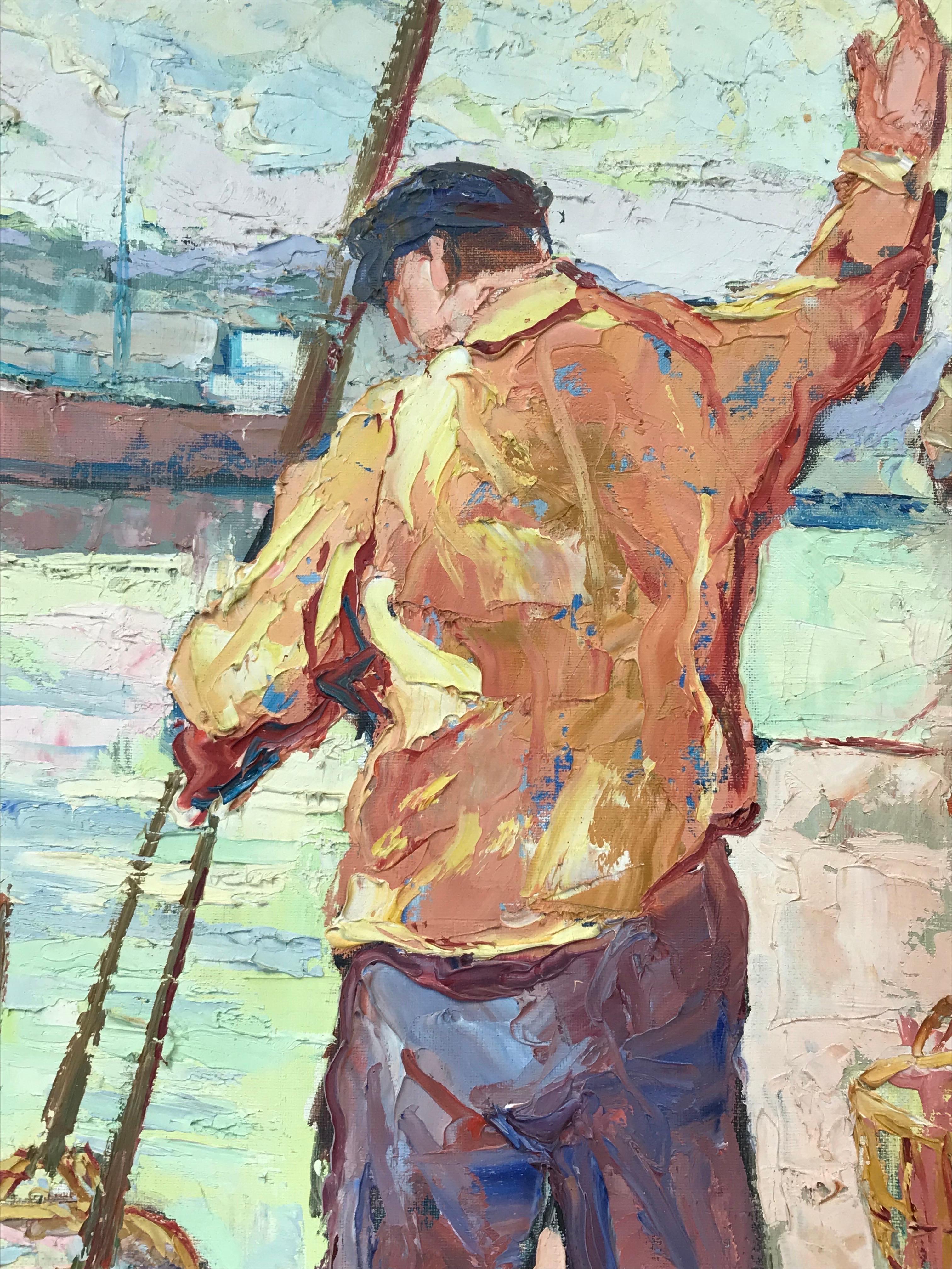 Superbe huile post-impressionniste française des années 1950 signée, Fishermen Marseille Harbour - Marron Figurative Painting par French School