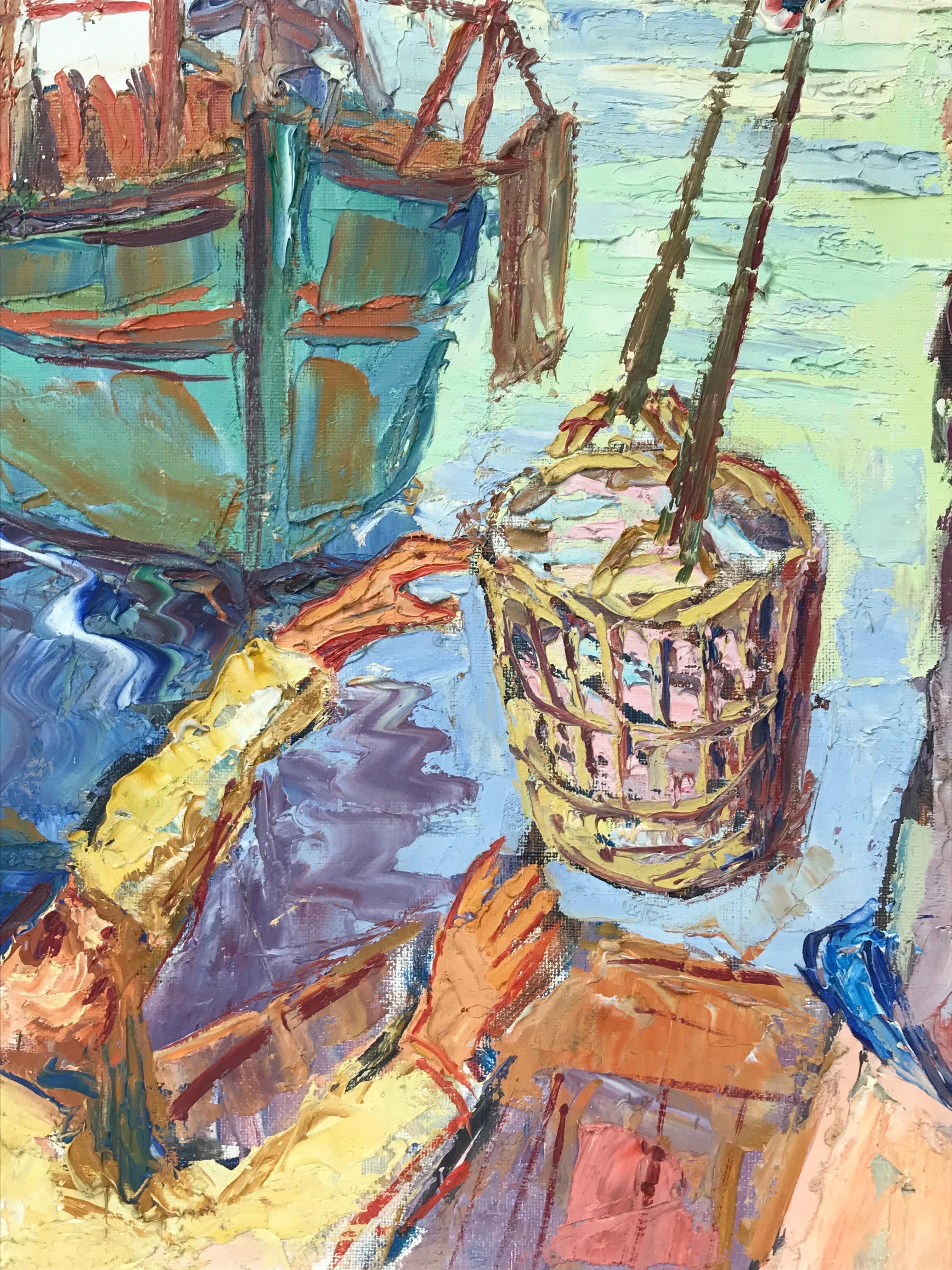Superbe huile post-impressionniste française des années 1950 signée, Fishermen Marseille Harbour en vente 1