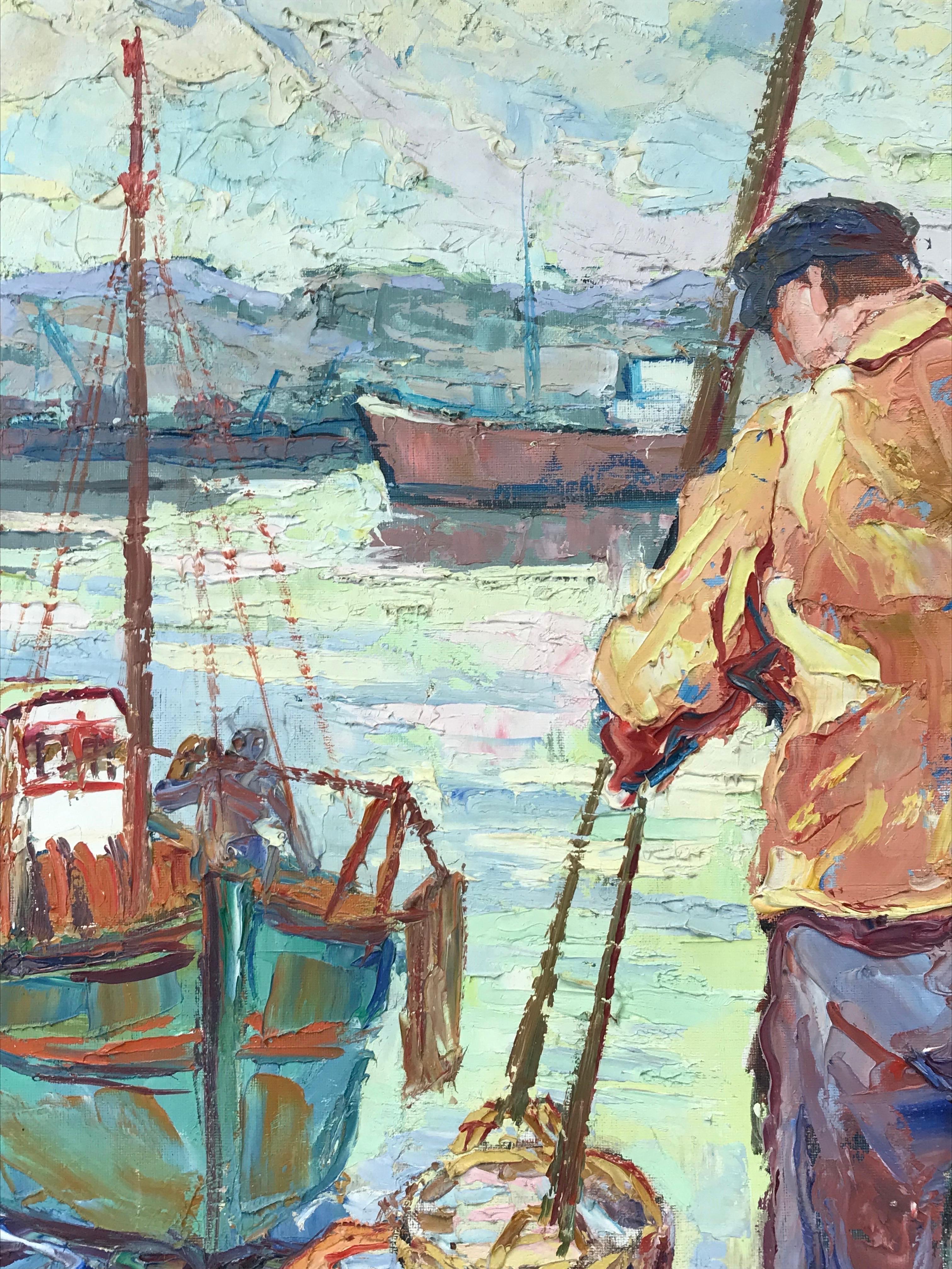 Superbe huile post-impressionniste française des années 1950 signée, Fishermen Marseille Harbour en vente 2