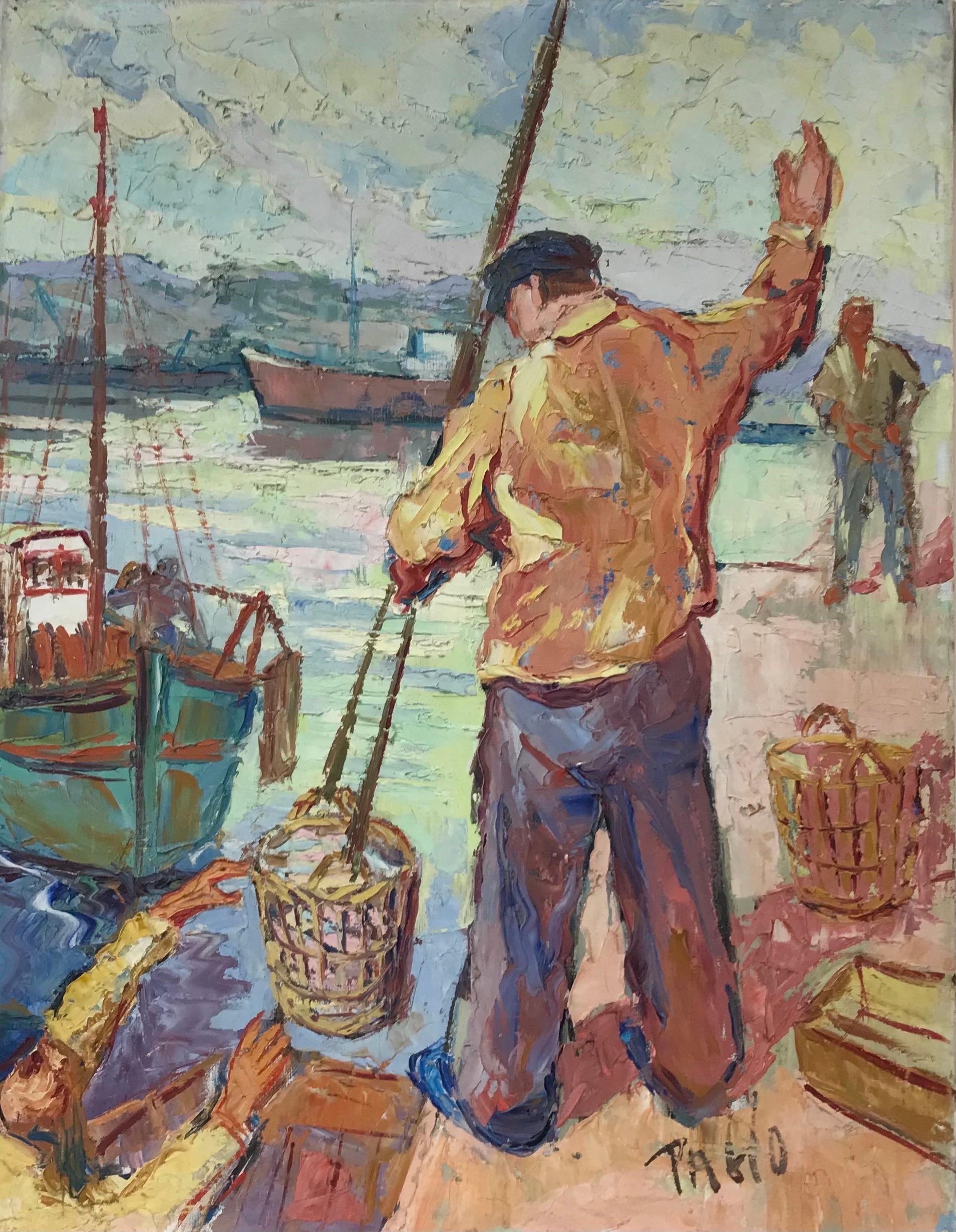 French School Figurative Painting - Super 1950's French Post-Impressionist Signed Oil - Fishermen Marseille Harbour