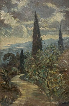 Very Large 1930's French Post-Impressionist Signed Oil Provence Cypress Trees