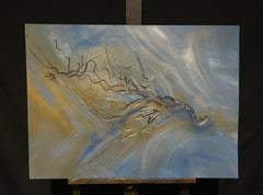 Large French Abstract Mixed Media Painting Blue Grey Textured Composition