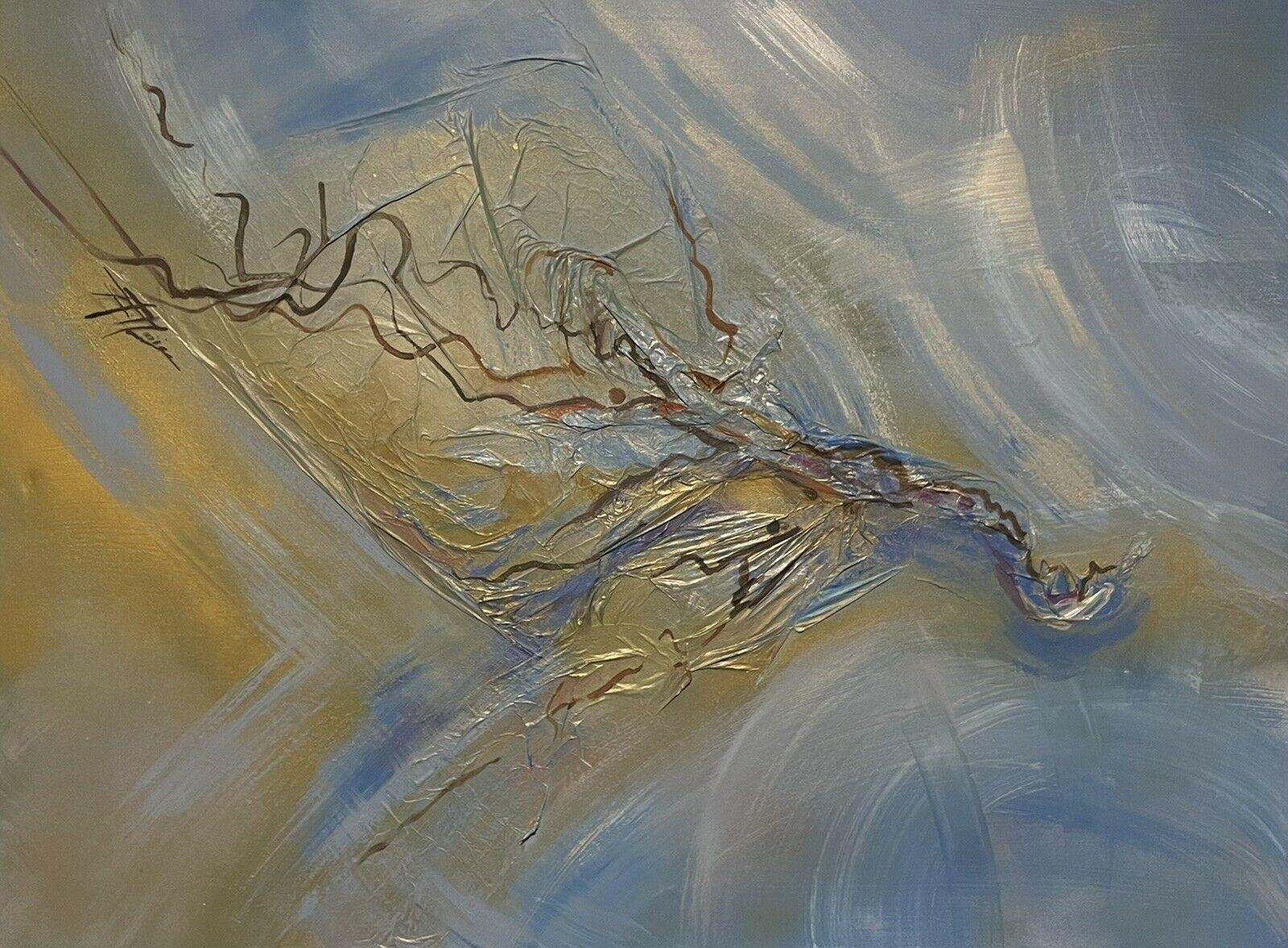 Abstract Painting di French School - Pittura astratta francese molto grande - miscela e fusione di colori, oro e blu