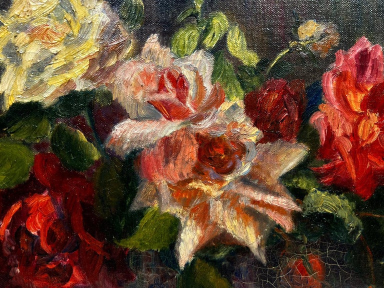 Artist/ School: French Impressionist School, circa 1930's, indistinctly signed lower right corner

Title: Still life of roses in a vase (yellow, pink, reds)

Medium: oil on canvas, unframed

Painting: 13 x 16 inches

Provenance: private collection,