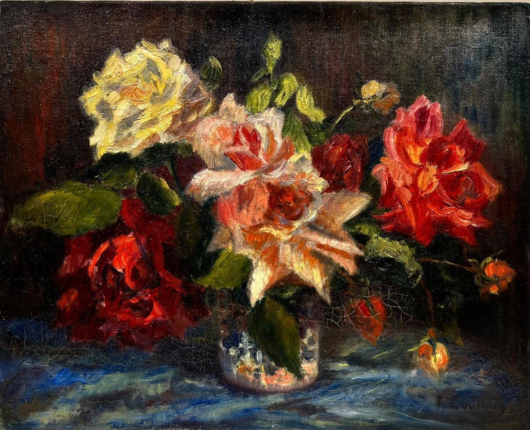 French School Still-Life Painting - Vintage French Impressionist Signed Oil Pink & Yellow Roses in Vase