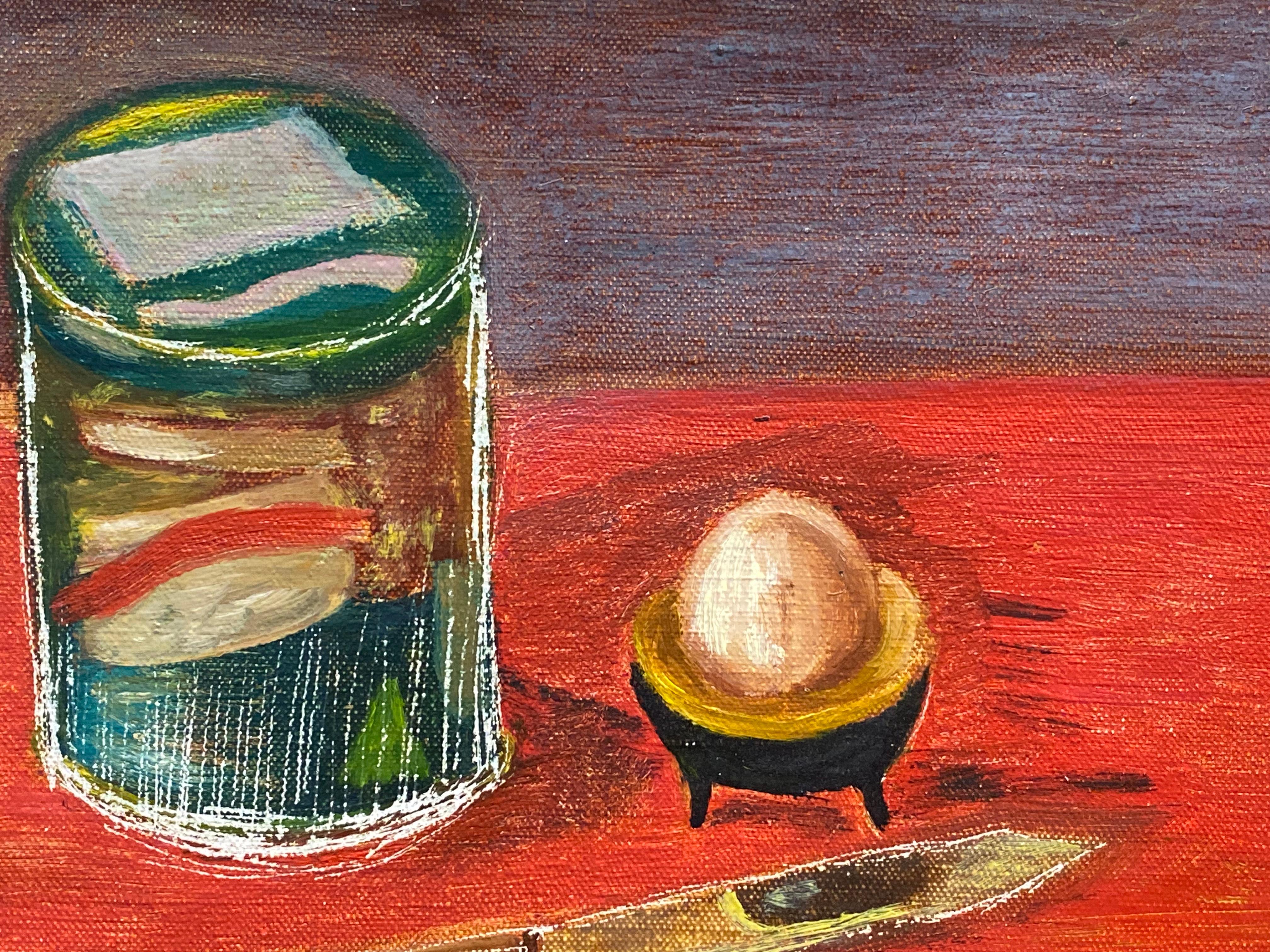 Französisches modernistisches Ölgemälde – Stillleben-Keramikobjekte auf rotem Tisch – Painting von Unknown