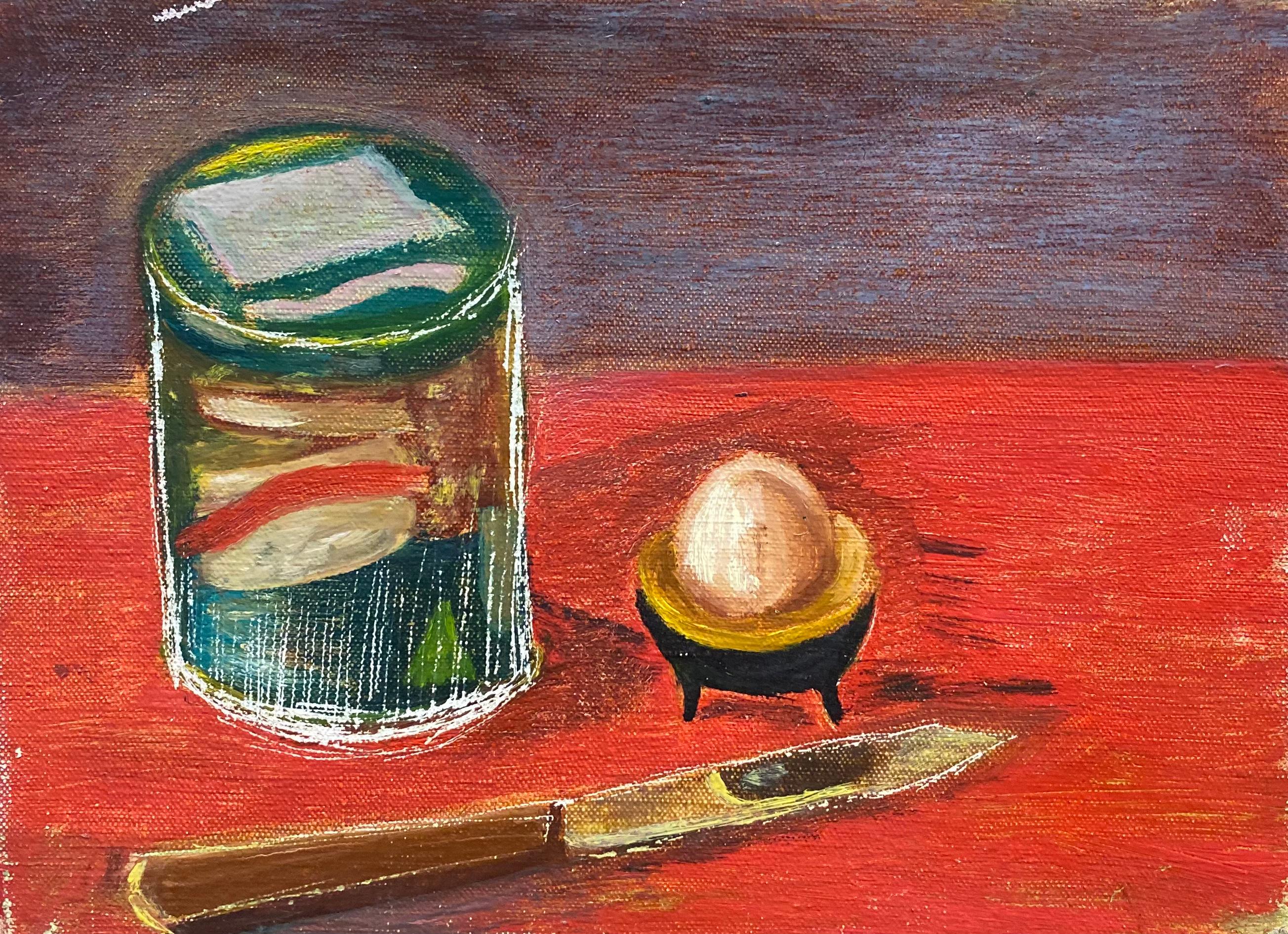 Unknown Still-Life Painting – Französisches modernistisches Ölgemälde – Stillleben-Keramikobjekte auf rotem Tisch