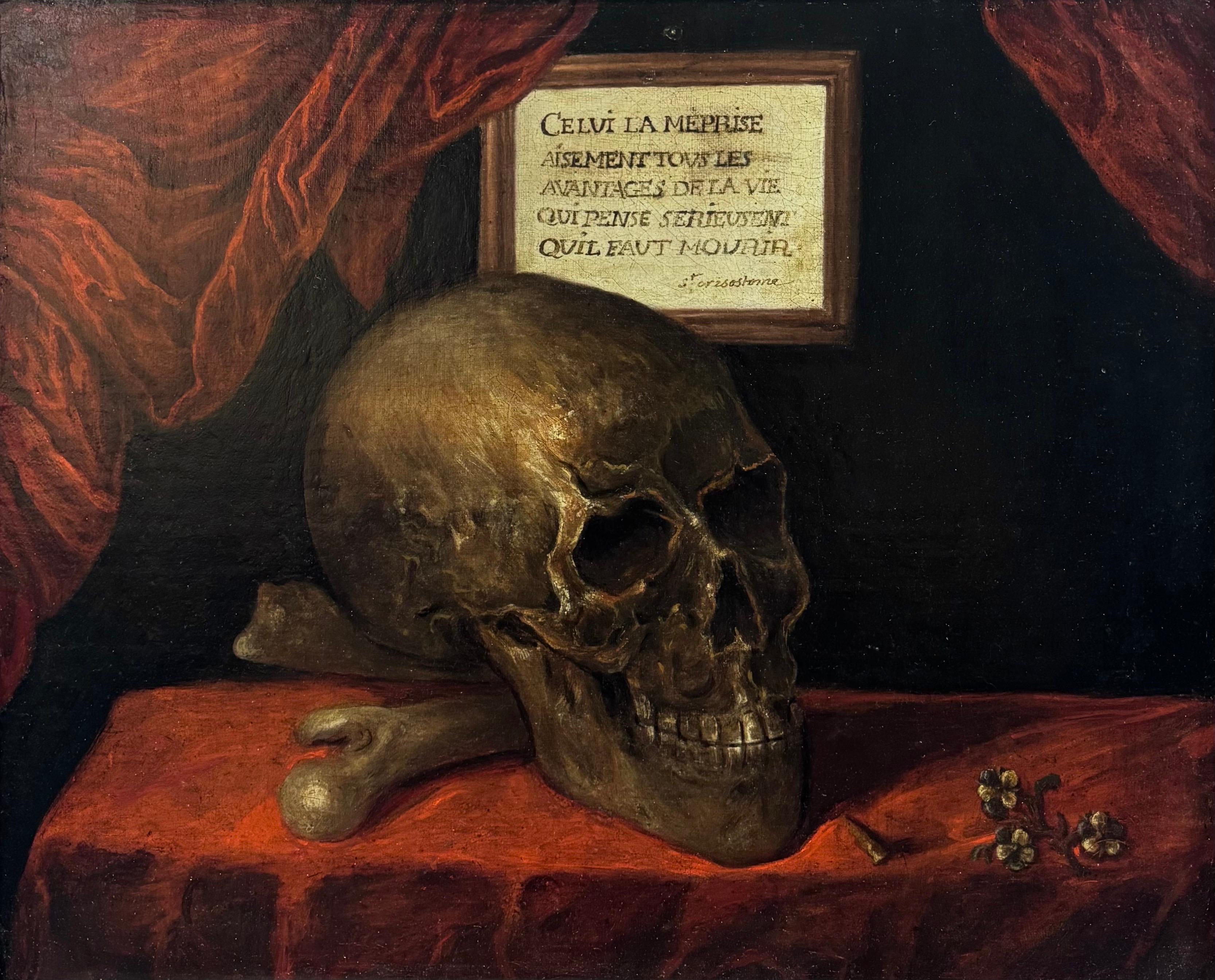 Memento Mori Vanitas Crâne du 17ème siècle Huile de Maître Ancienne Ex-Christie's - Painting de French School