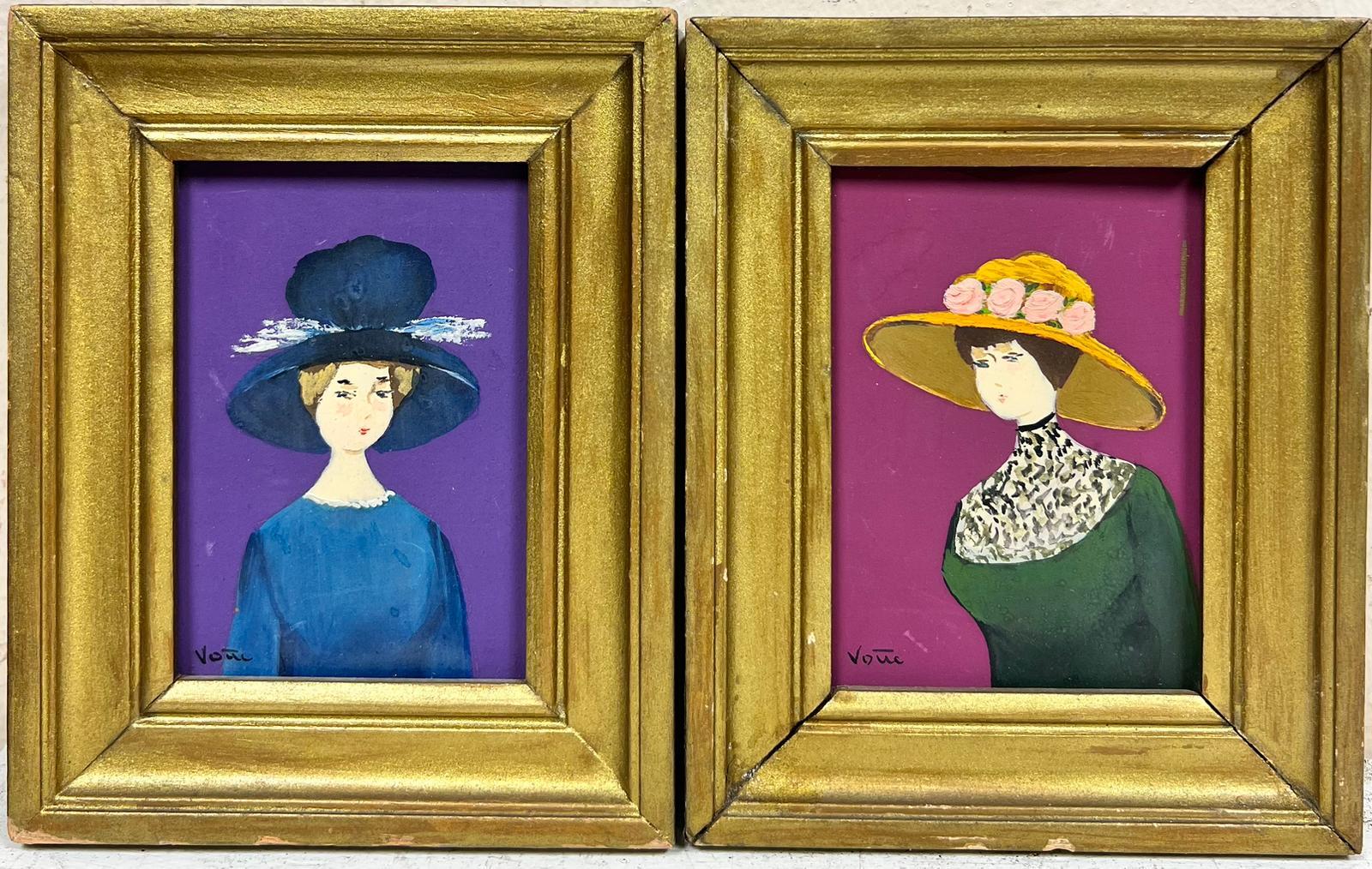 French School Figurative Painting - 1960’s French Pair Portraits Fashion Ladies Original Paintings 