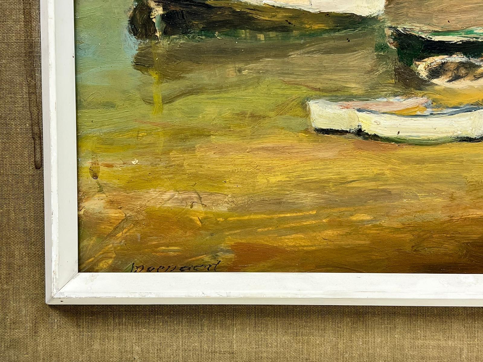 Pittura a olio francese del 1960 firmata Barche ormeggiate in Old Harbor Town Colori della terra - Painting Impressionismo di French School