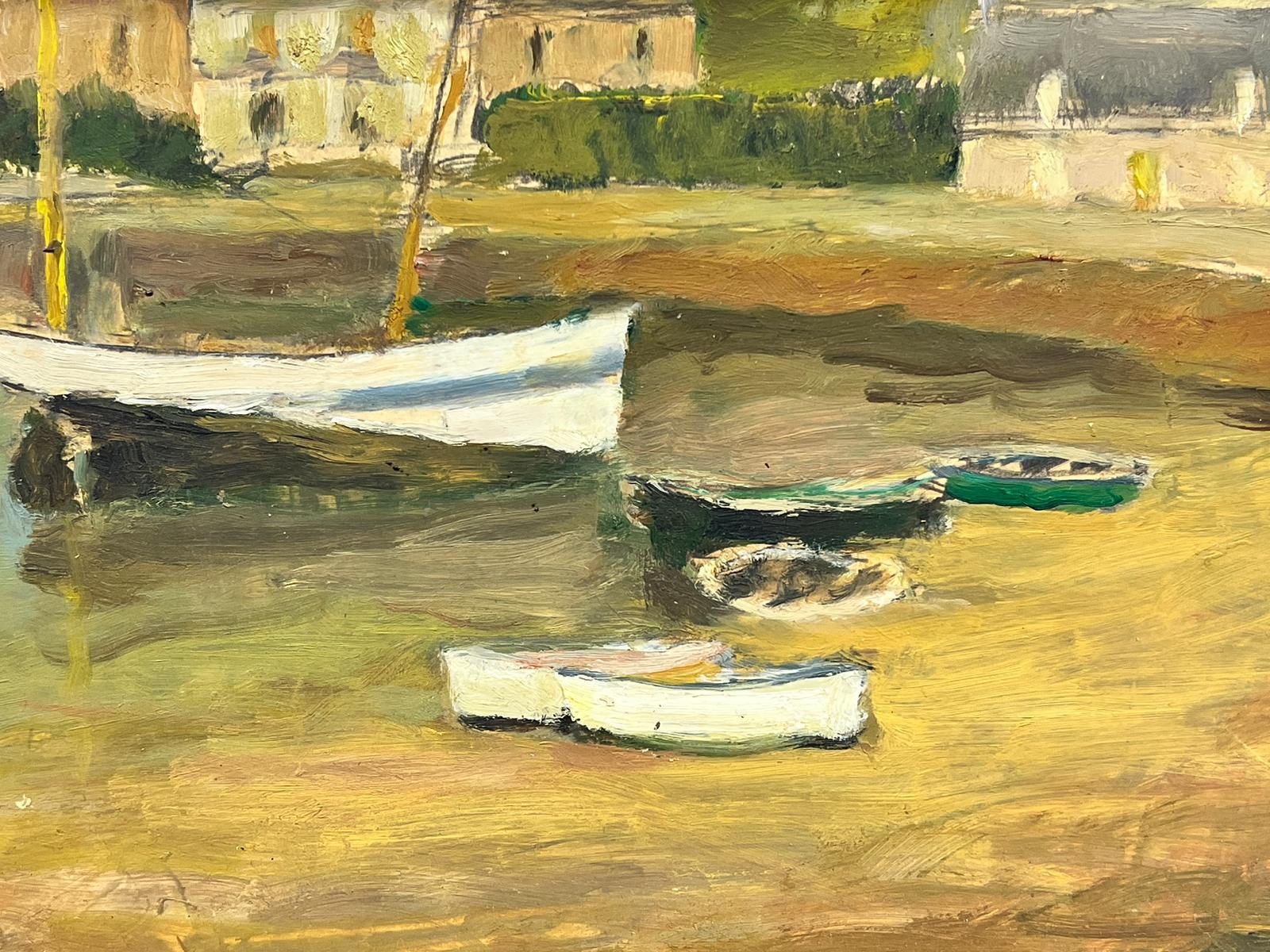 1960's French Signed Oil Painting Boats Moored in Old Harbor Town earthy colors For Sale 2
