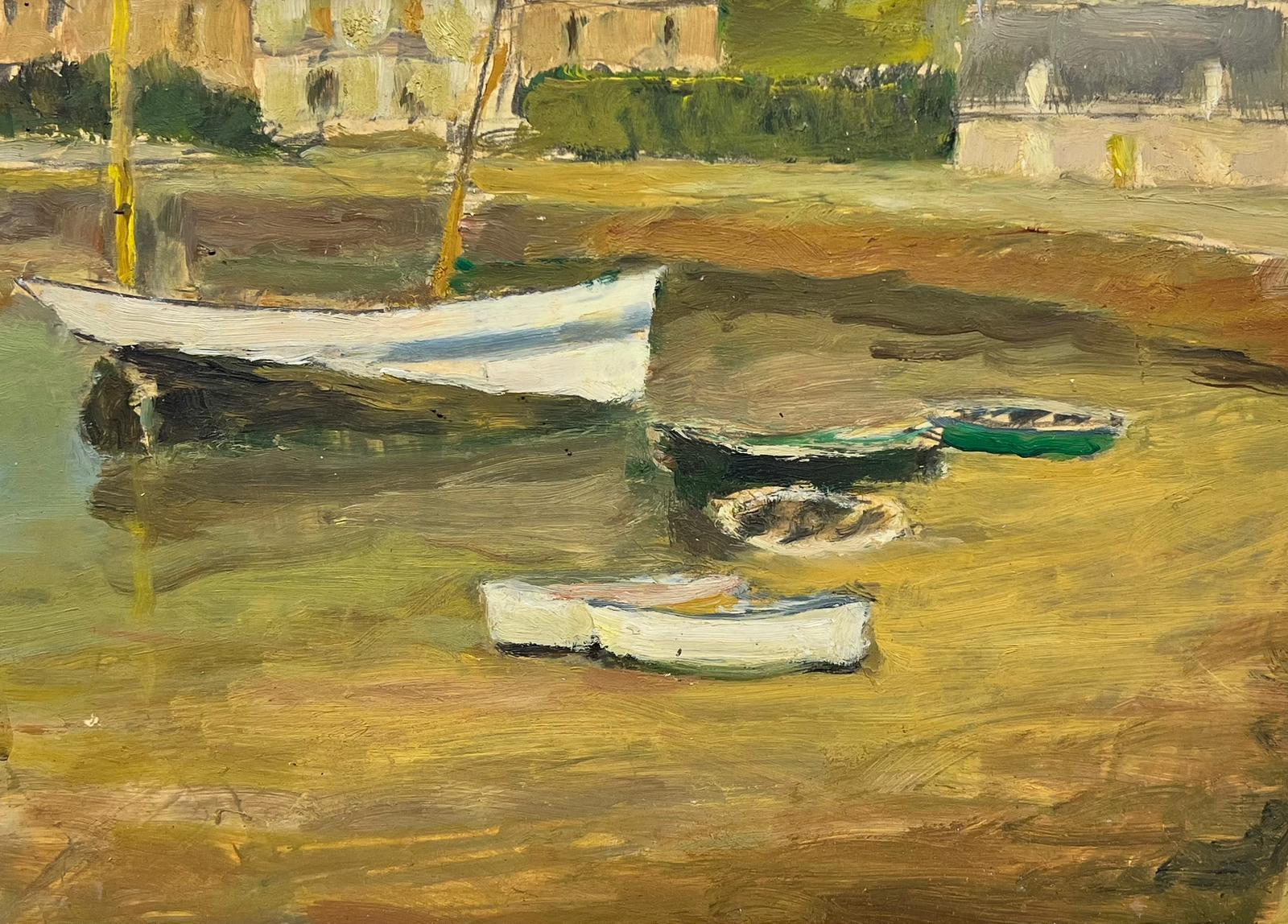 1960's French Signed Oil Painting Boats Moored in Old Harbor Town earthy colors For Sale 3