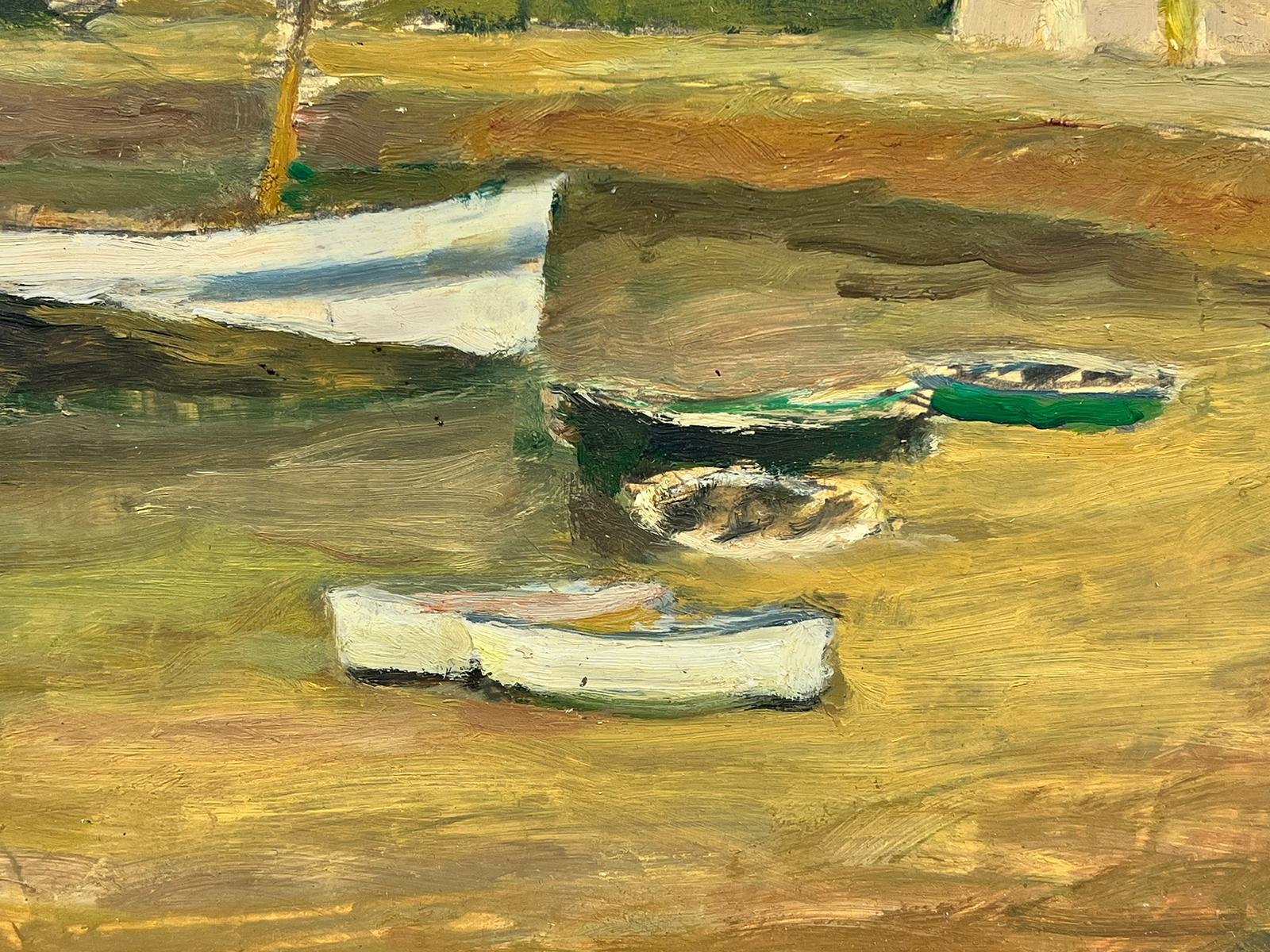 Pittura a olio francese del 1960 firmata Barche ormeggiate in Old Harbor Town Colori della terra in vendita 1