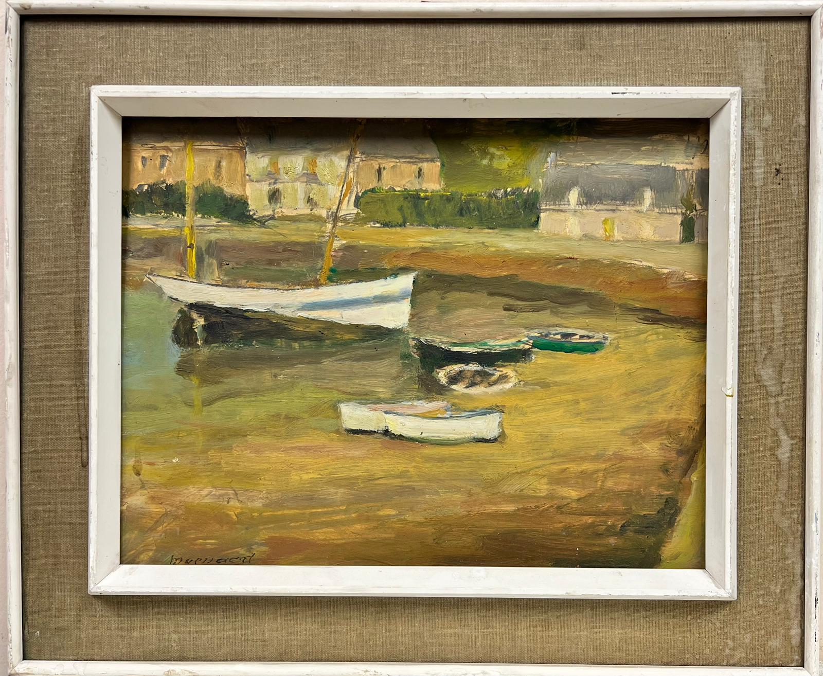 French School Landscape Painting - 1960's French Signed Oil Painting Boats Moored in Old Harbor Town earthy colors
