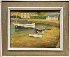 Vintage 1960's French Signed Oil Painting Boats Moored in Old Harbor Town earthy colors