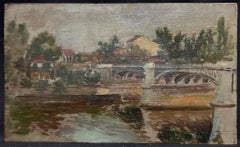 Antique French Impressionist Oil Grey Bridge Riverside Landscape through Townes (Olio Grigio Ponte e Paesaggio Lungo il Fiume)