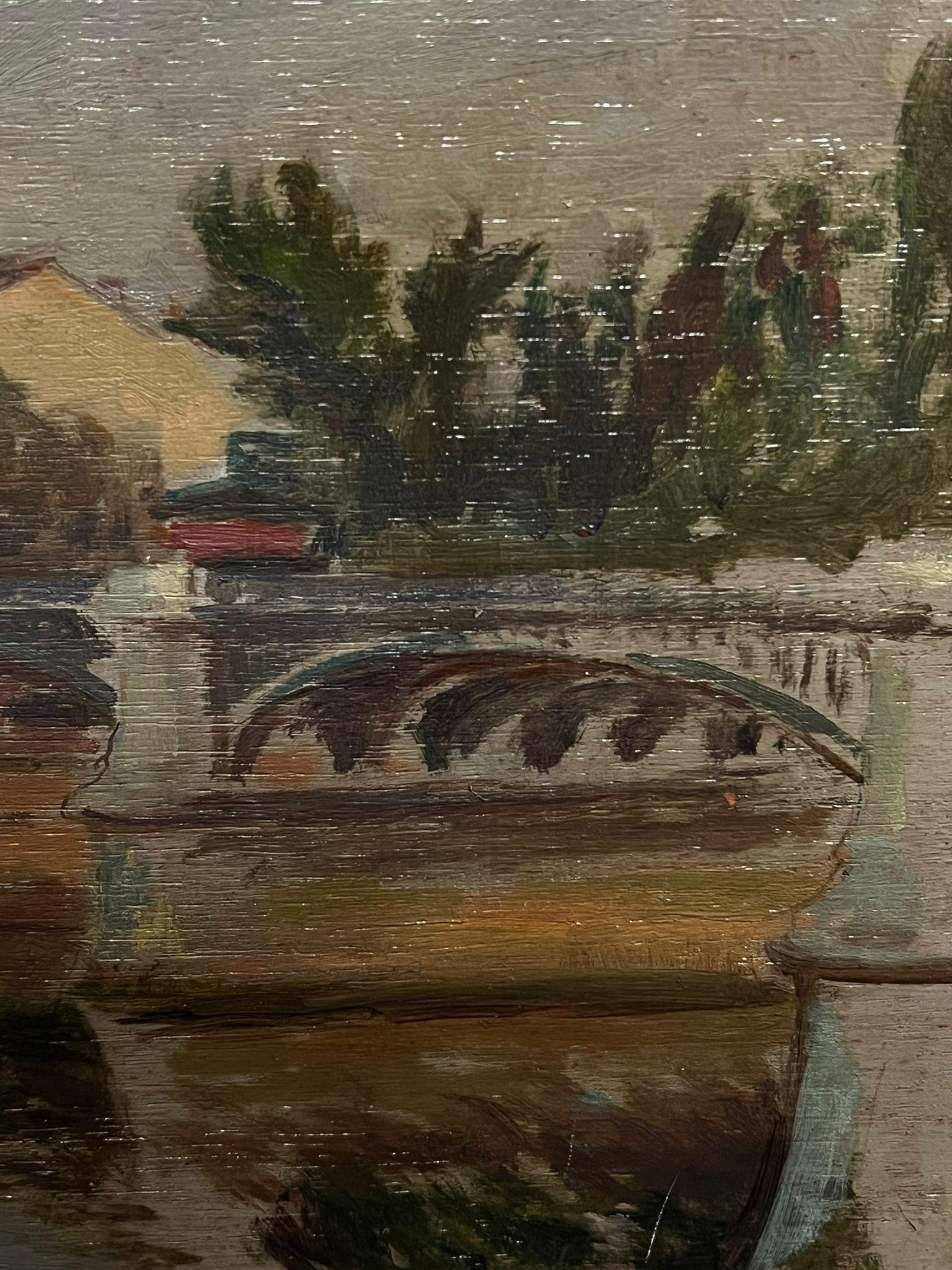 Antique French Impressionist Oil Grey Bridge Riverside Landscape through Townes (Olio Grigio Ponte e Paesaggio Lungo il Fiume) - Painting Impressionismo di French School