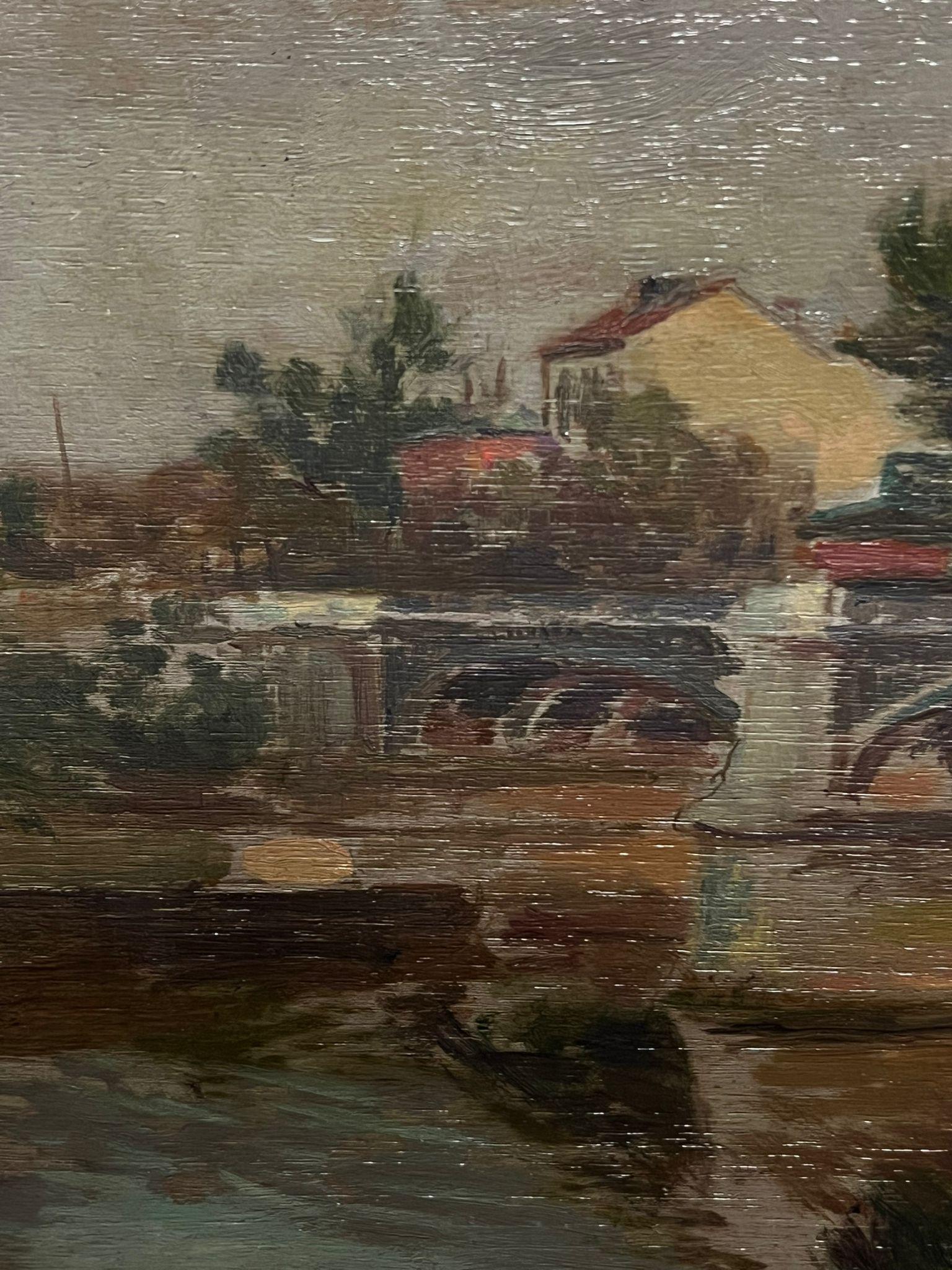 La Townes di Riverside
Impressionista francese, primi anni del 1900
olio su pannello di legno smussato, incorniciato
pannello: 9 x 14 pollici
Provenienza: collezione privata, Francia
Condizioni: ottime condizioni 

Descrizione:
Questo affascinante