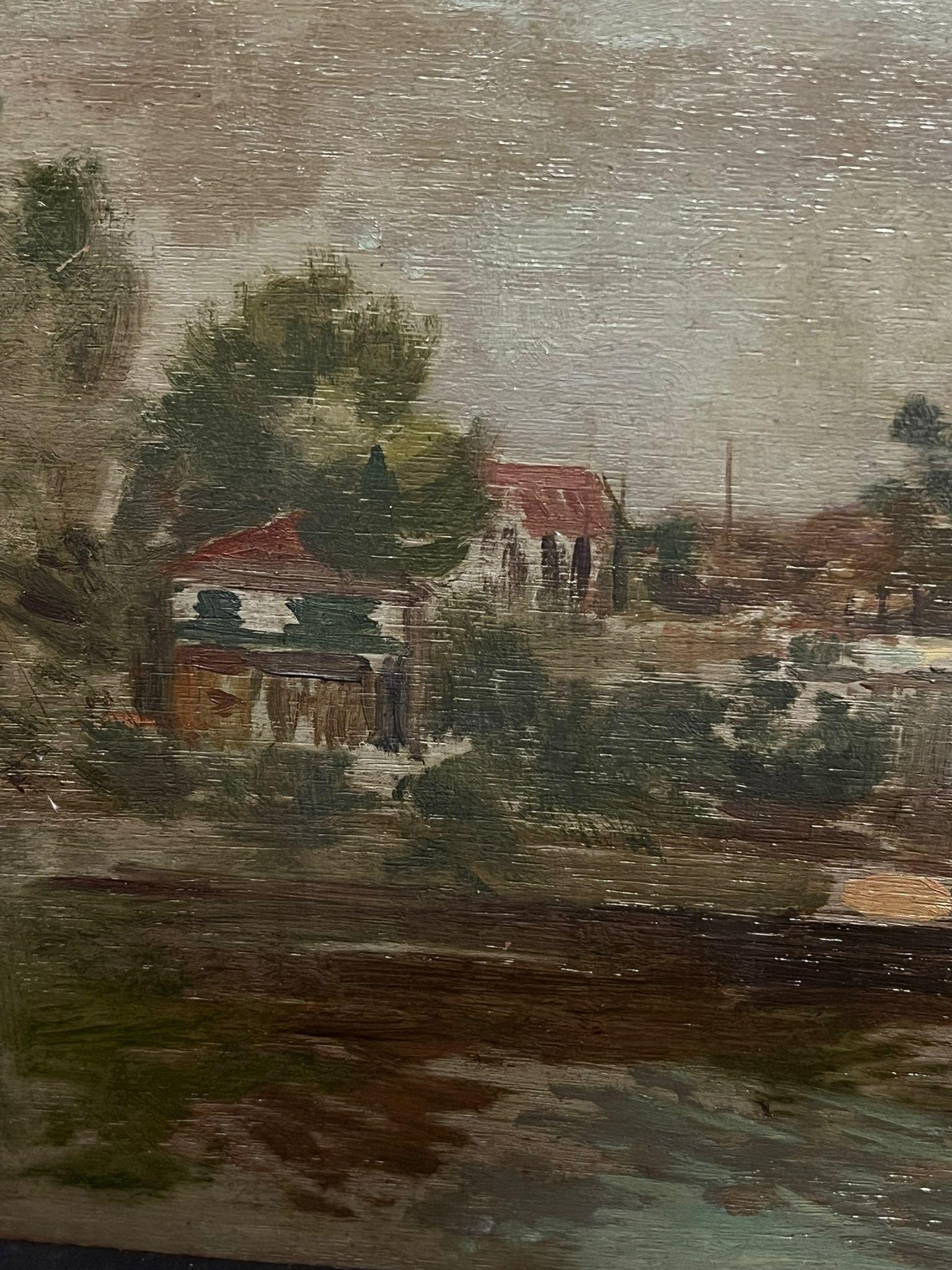Antique French Impressionist Oil Grey Bridge Riverside Landscape through Townes (Olio Grigio Ponte e Paesaggio Lungo il Fiume) in vendita 1