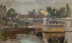 Antique French Impressionist Oil Grey Bridge Riverside Landscape through Town