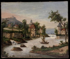 Antique French Oil Painting Riverside Village Sailing Boat & Hilltop Castle
