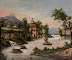 Antique French Oil Painting Riverside Village Sailing Boat & Hilltop Castle