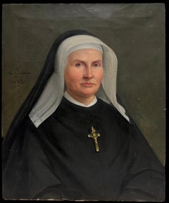 Antique French Portrait of a Nun Wearing a Crucifix Oil Painting dated 1885