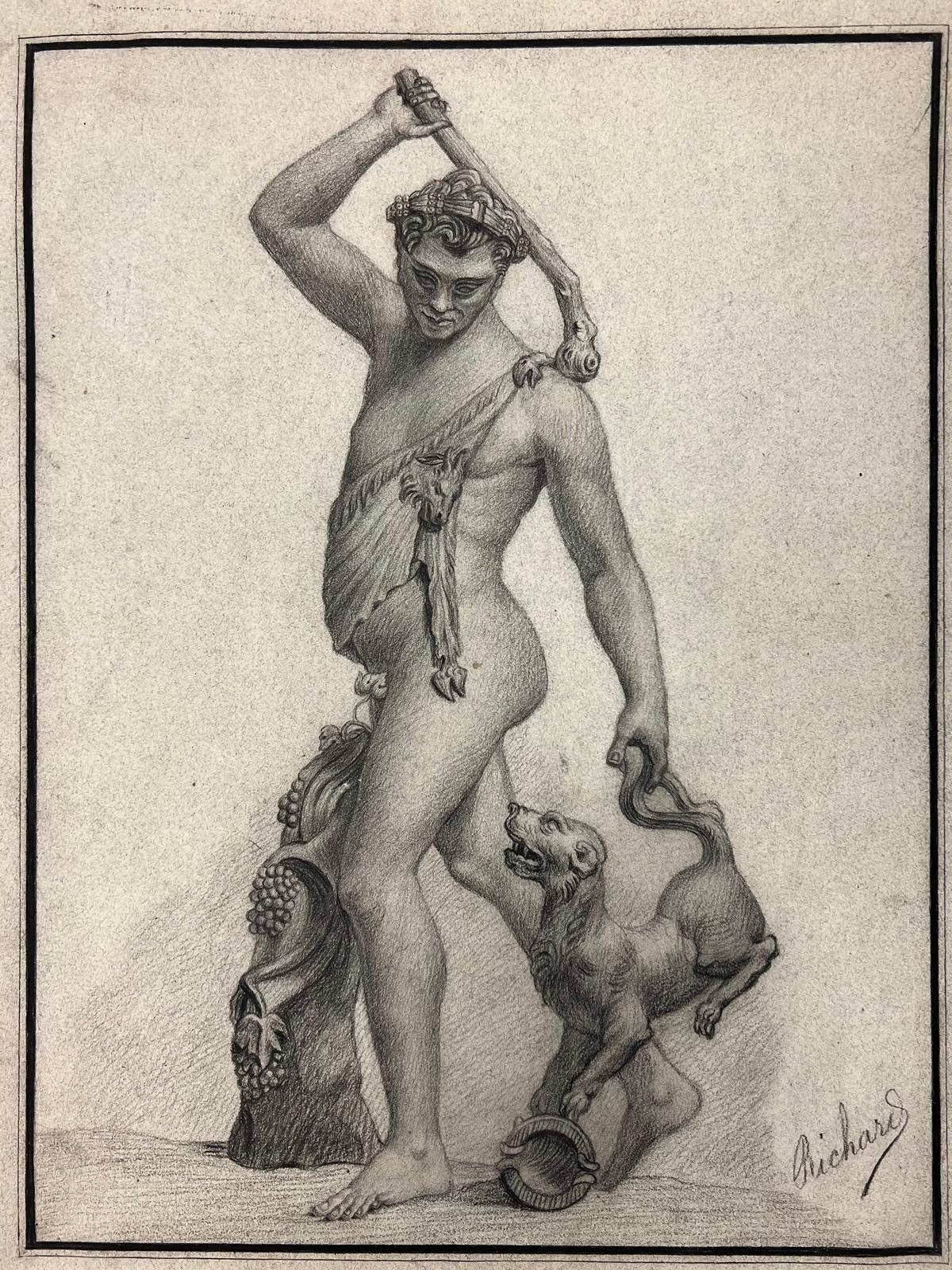 Bacchanalian Man, holding vine stump with dog
Circa 1800’s
French artist, signed Richard
Pencil drawing on paper, unframed
13 x 11 inches
private collection, France
the painting is in overall very good and sound condition for its age