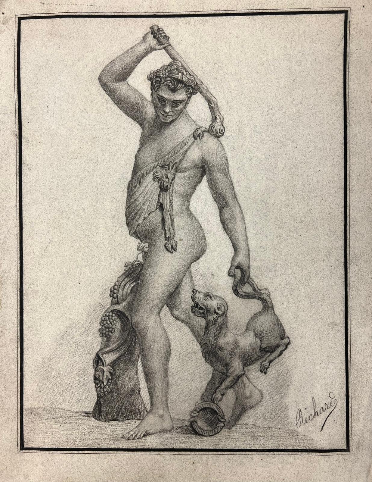 Bacchus Classical Mythology Old Master Drawing Semi Nude Man, Dog & Grapes 2