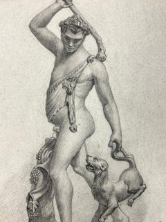 Bacchus Classical Mythology Old Master Drawing Semi Nude Man, Dog & Grapes