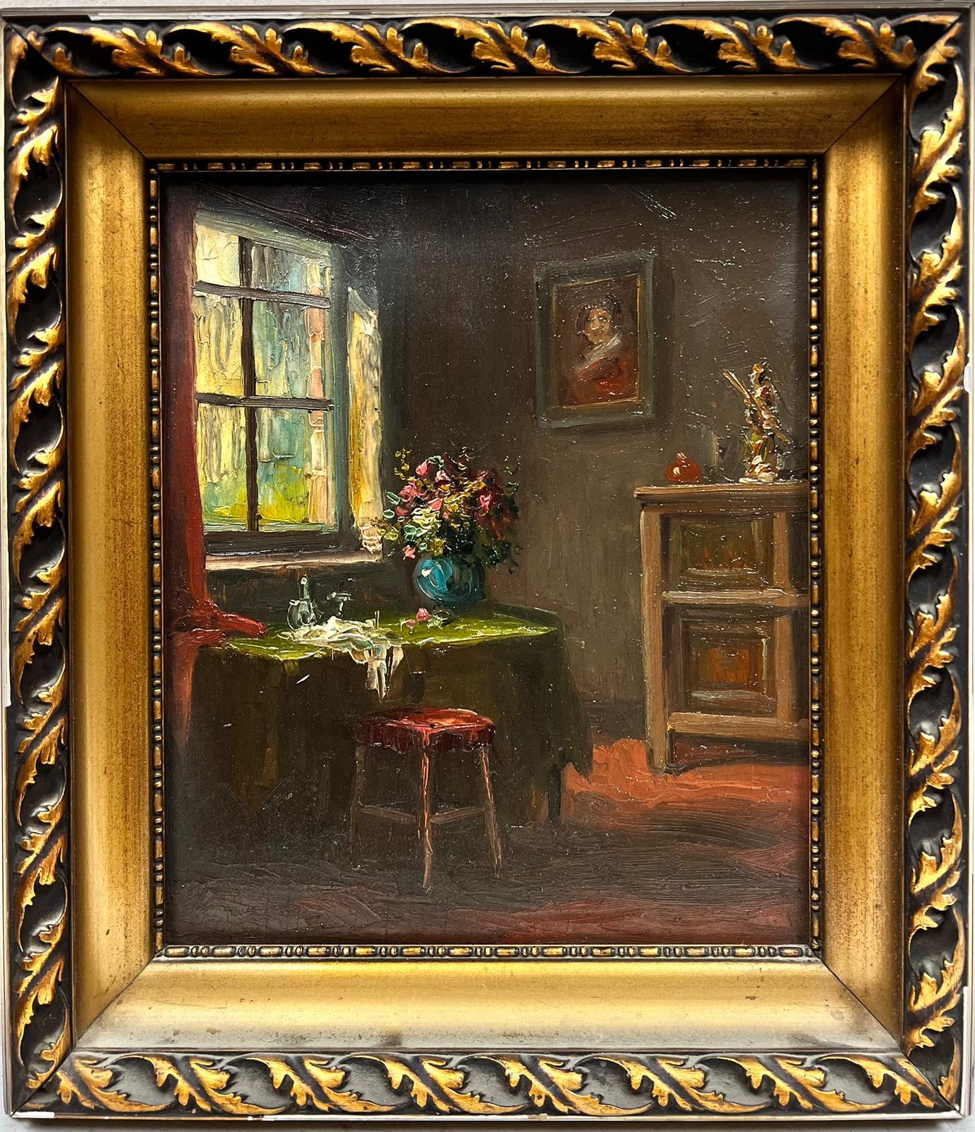 French School Still-Life Painting - Cottage Interior Flowers on Table 1950’s French Oil Painting framed 
