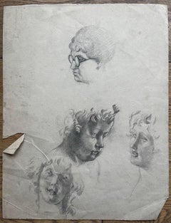 Début du 20e siècle Étude de tête à figures multiples Dessin au graphite