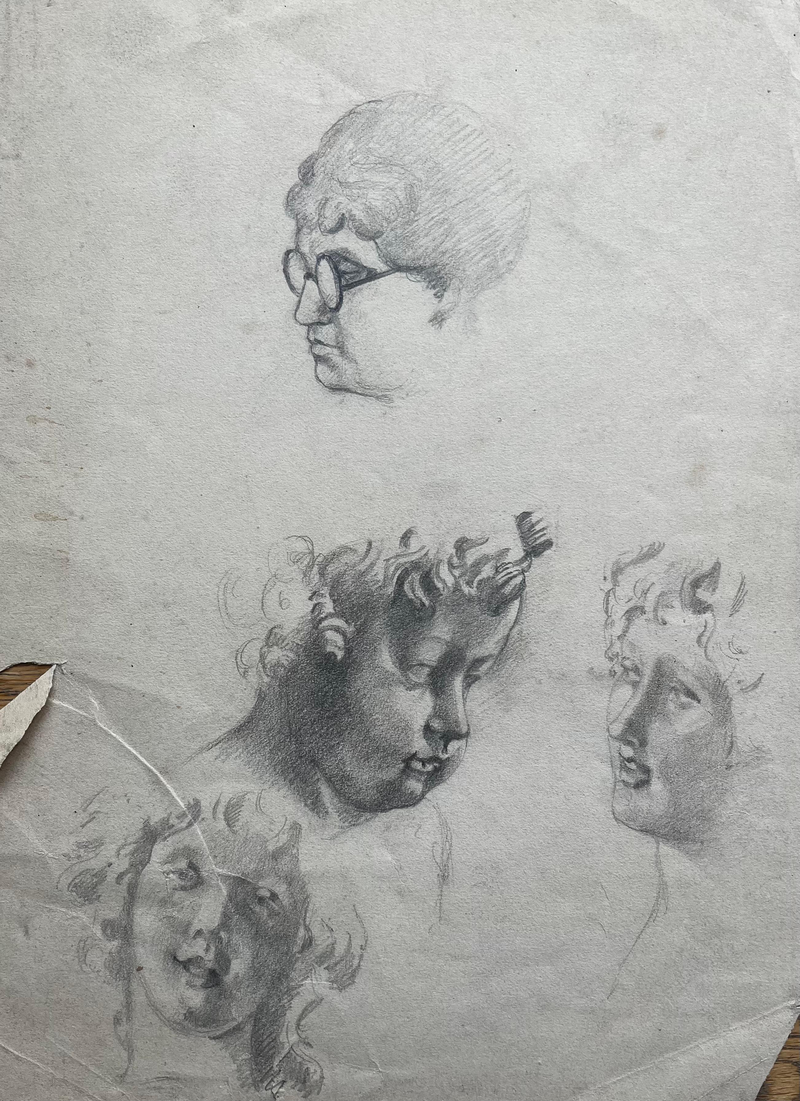 French School Portrait Painting - Early 20th Century Multi Figure Head Study Graphite Drawing