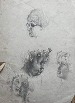 Début du 20e siècle Étude de tête à figures multiples Dessin au graphite