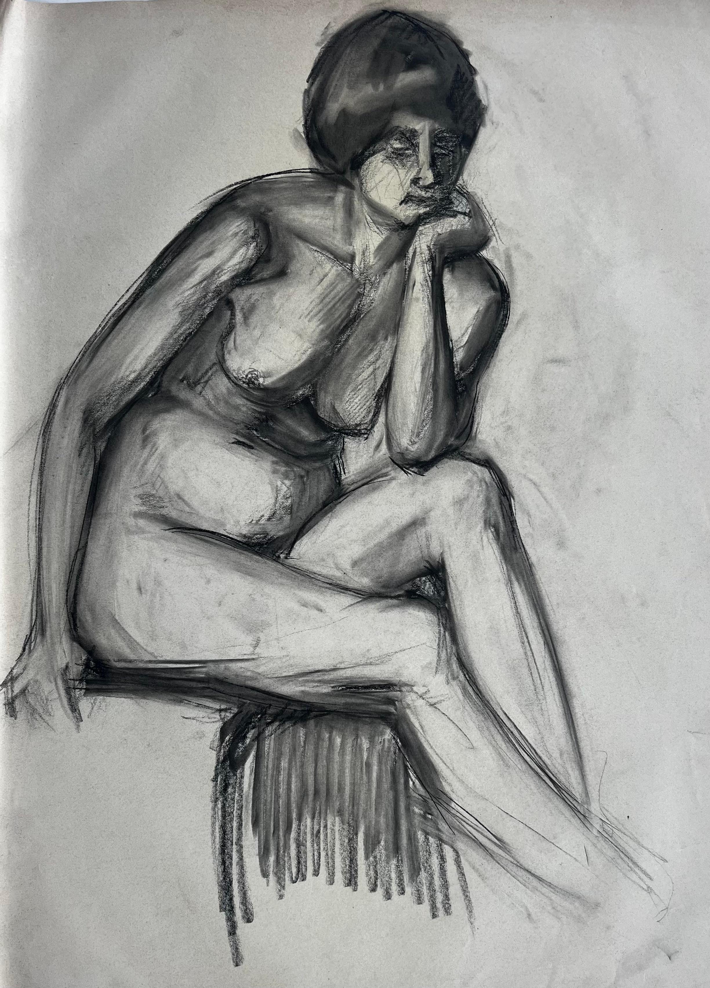 French School Nude Painting - Early 20th Century Seated Female Nude Charcoal Life Study