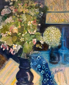 Flowers in Blue Vase, Signed Oil on Canvas, Framed, Mid-20th Century French