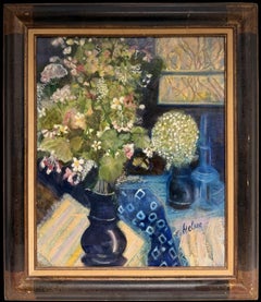 Flowers in Blue Vase, Signed Oil on Canvas, Framed, Mid-20th Century French