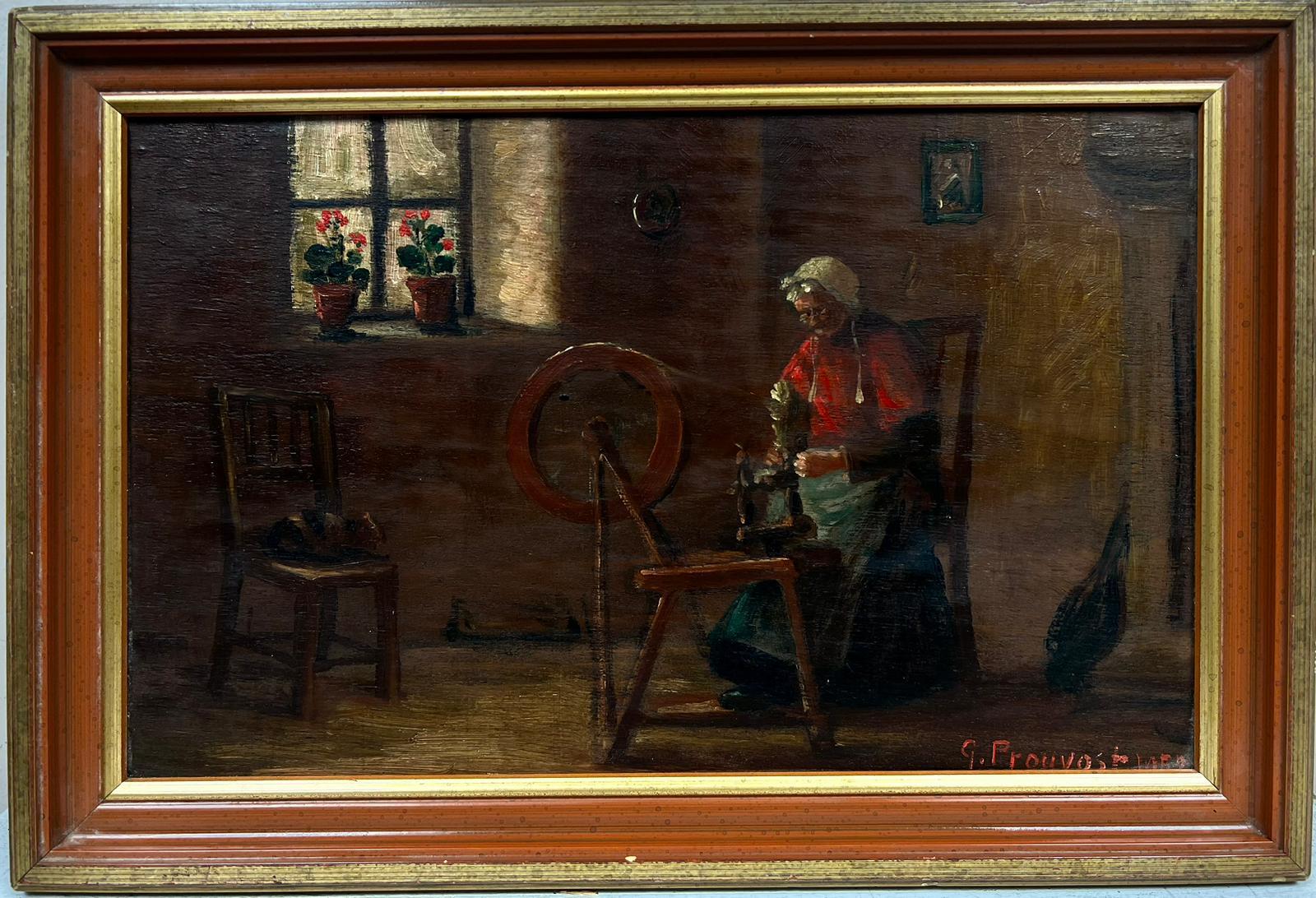 French Cottage Interior Lady at Spinning Wheel signed oil painting  - Painting by French School