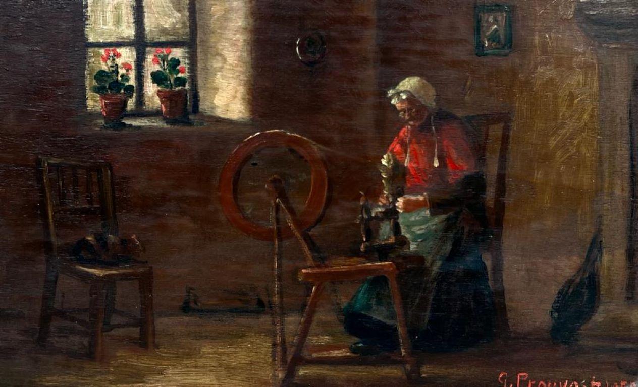 French School Figurative Painting - French Cottage Interior Lady at Spinning Wheel signed oil painting 